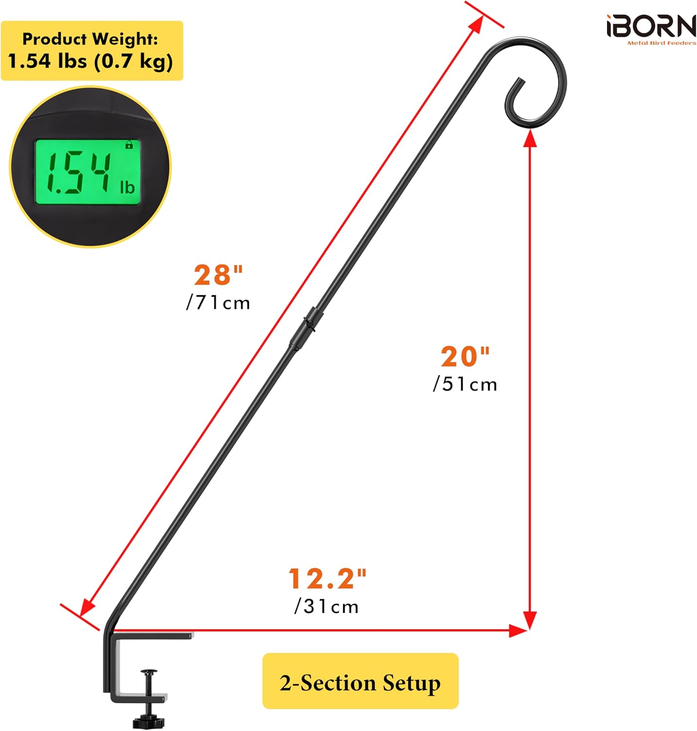 iBorn 28" Deck Hook for Outdoor,Heavy Duty Bird Feeder Pole for Hanging Bird Feeder, Planter, Suet Baskets, Wind Chimes, Solid Wire, Pack of 1