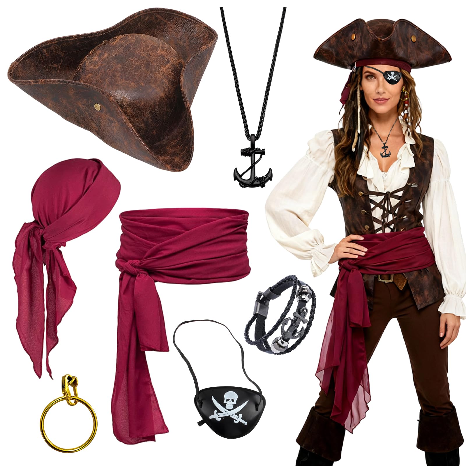7 Pcs Pirate Costume Accessories Set for Women Men Pirate Fancy Dress pirate Accessories with Classic Tricorn Hat Red Bandana Belt Eye Patch Belt Necklace Bracelet Earring for Carnival Cosplay Party