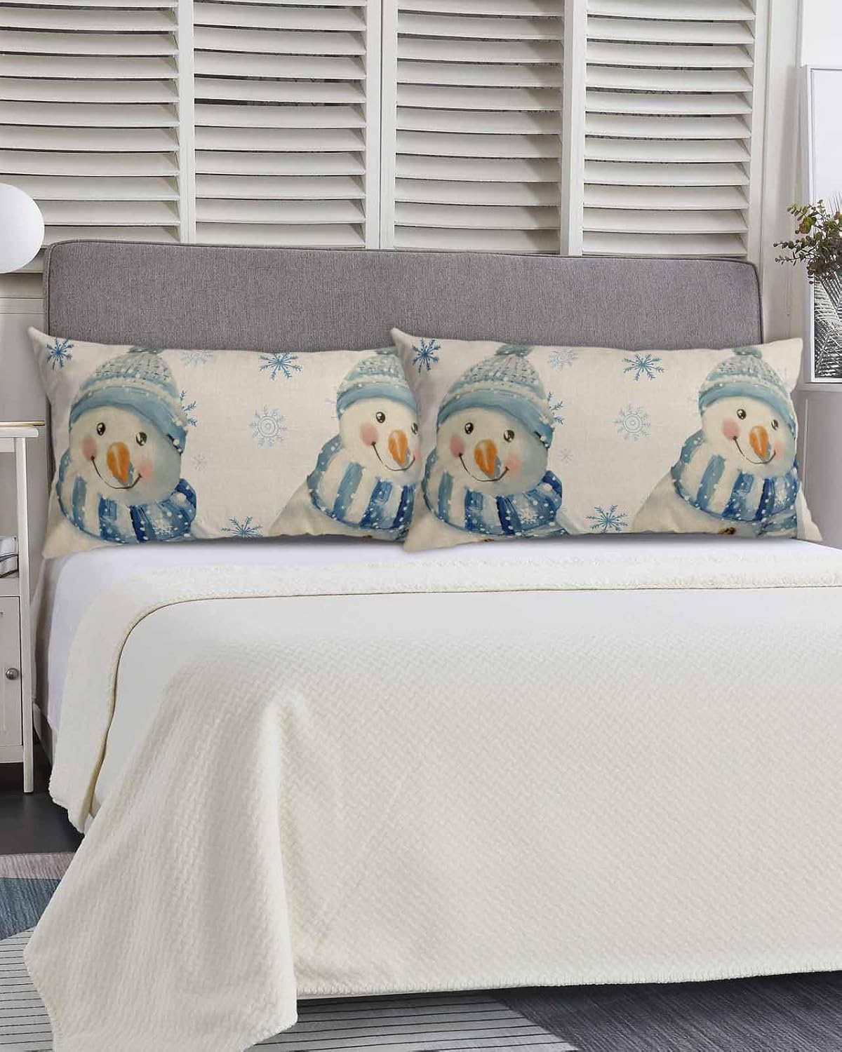 Christmas Pillow Covers Decorative Cal King Pillow Cases Winter Xmas Snowman Blue Snowflake on Burlap Beige Short Plush Cooling Pillowcases Long Lumbar Pillow Cover with Envelope Closure 20x40 Inch