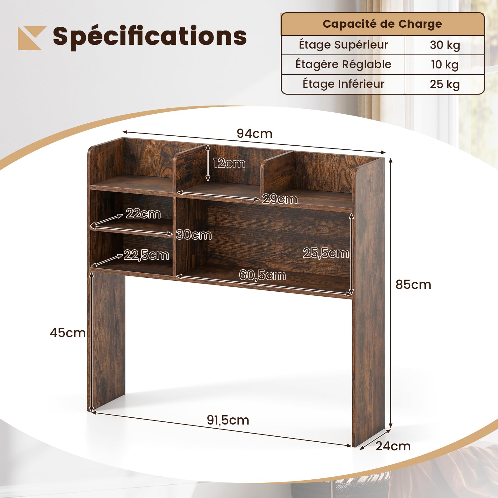 GOPLUS Etagere Bureau a Poser sur Meuble, 94 x 24 x 85 CM, Bibliothèque Bureau en Bois avec 6 Compartiments Ouvert et Ajustable, Kit Anti-Basculement, Pieds Antidérapants, Idéal pour Cuisine (Brun)