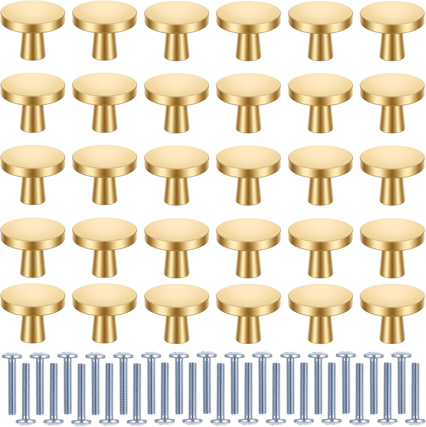 30 Pack Gold Cabinet Knobs, Round Brushed Aluminum Alloy Kitchen Cabinet Hardware, Mushroom Drawer Pulls and Handles for Dresser Cupboard with Screw