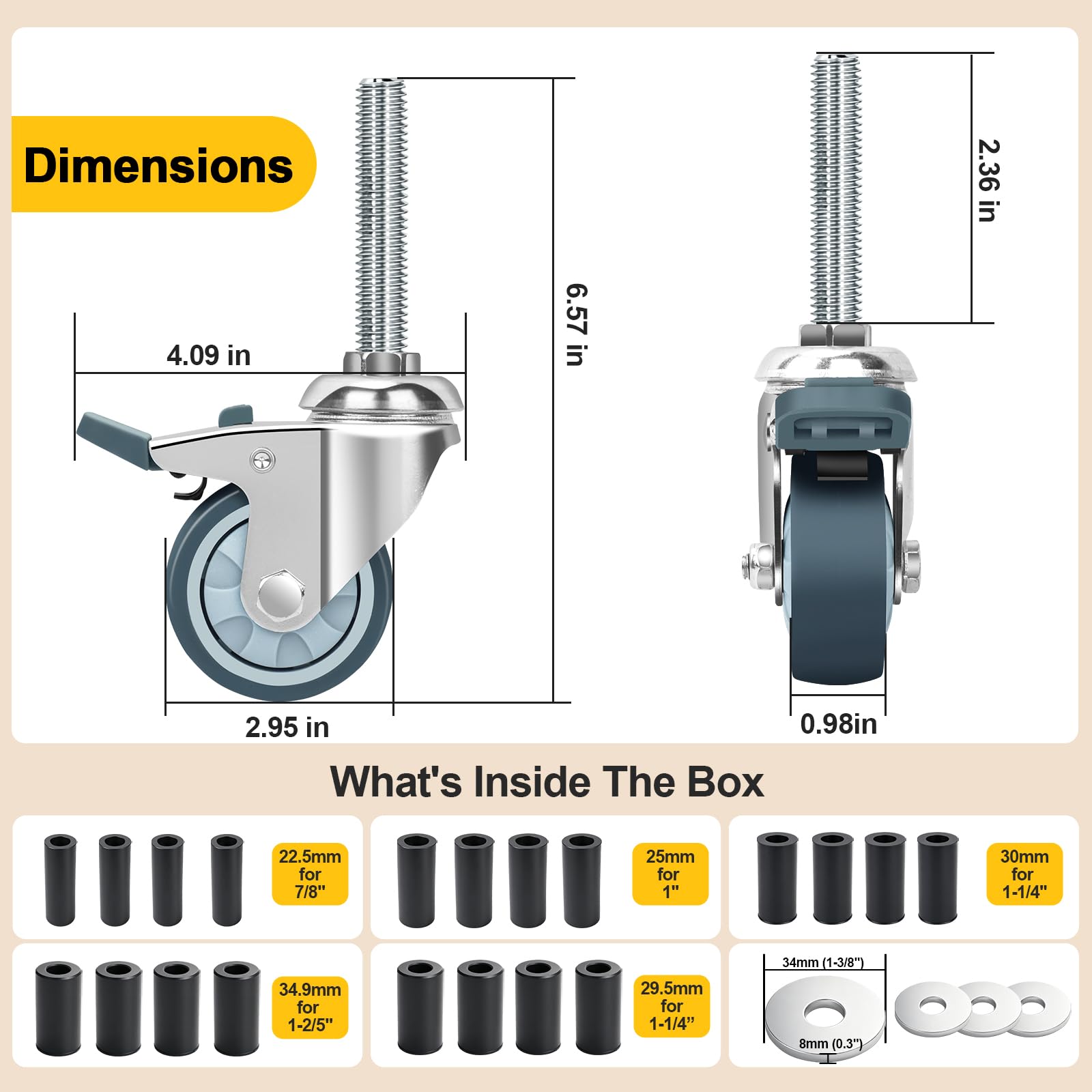 Set di 4 ruote con stelo estensibile da 2 pollici, ruote per scaffalature in filo metallico con freno di bloccaggio, ruote girevoli adatte a gambe tubolari da 7/8", 1", 1-1/8" per tavoli, carrelli e