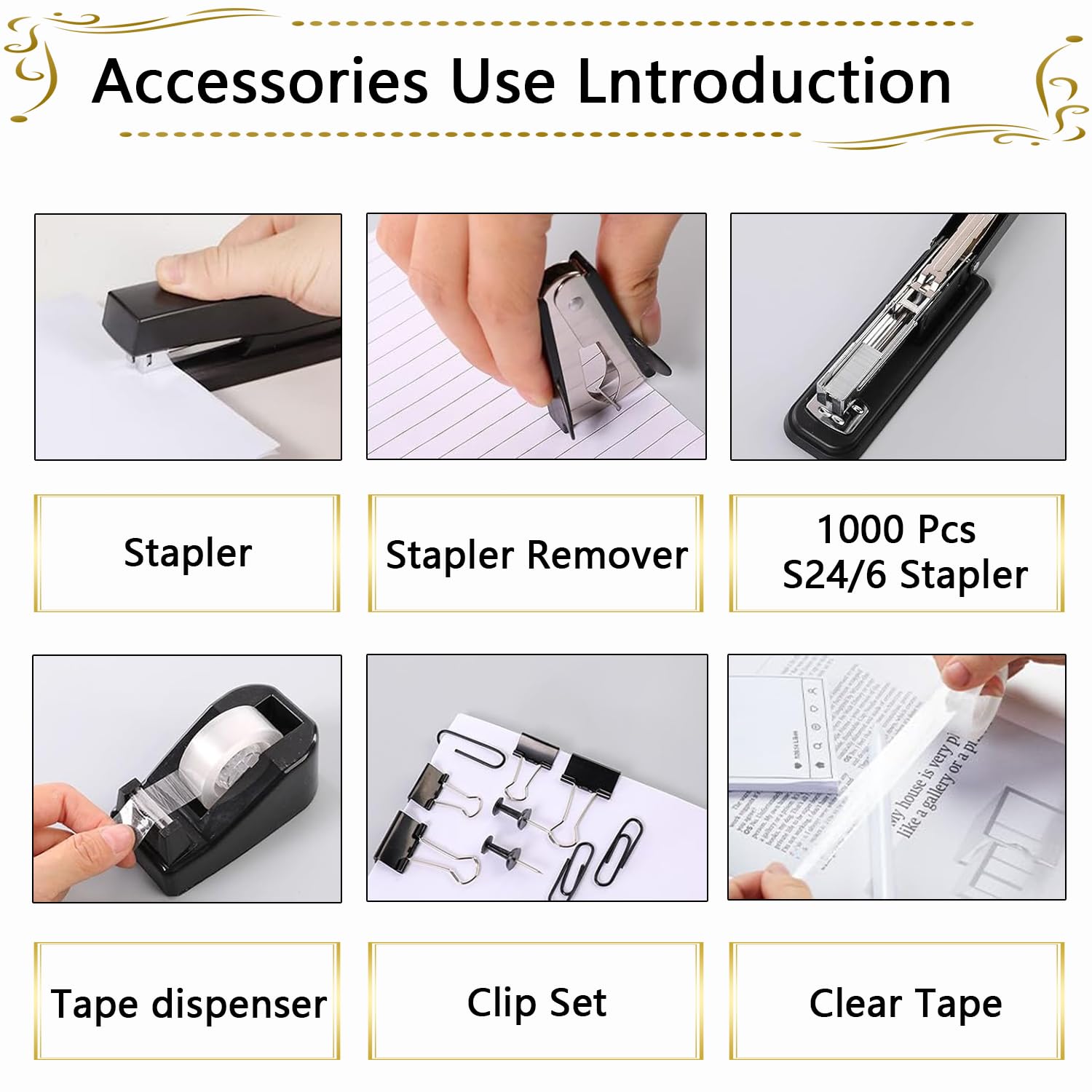 Suministros de oficina, accesorios de escritorio, grapadora y dispensador de cinta para mujeres con grapadora, dispensador de cinta, removedor de grapas, grapas, clips, tijeras y pestañas, regalo para