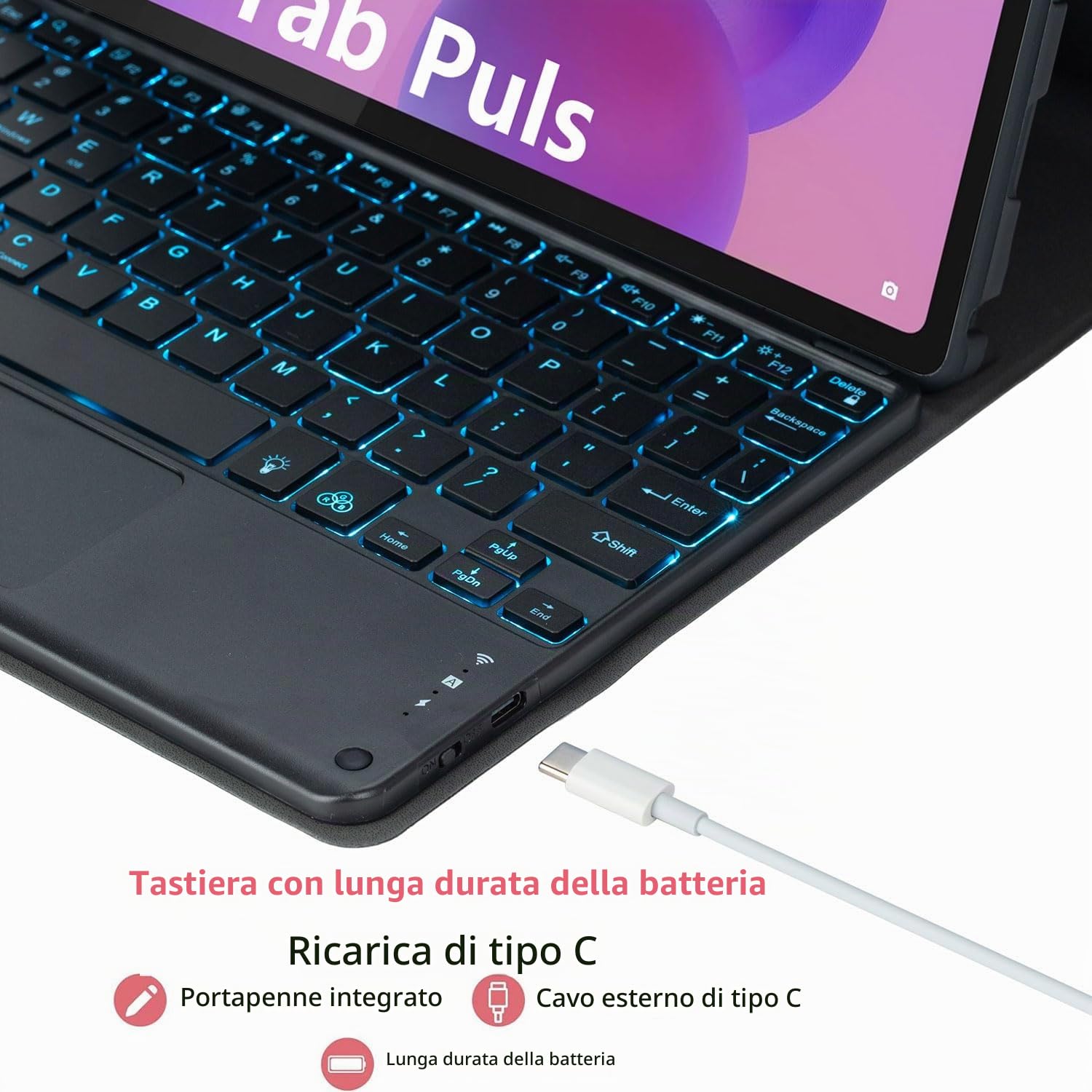 Custodia con Tastiera per Lenovo Idea Tab Plus 12,1 Pollici/Tab K12 2025 (TB361ZU/TB361FU), Tastiera Touchpad Staccabile Retroilluminata 7 Colori, Cover Ultrasottile con Mouse,Nero