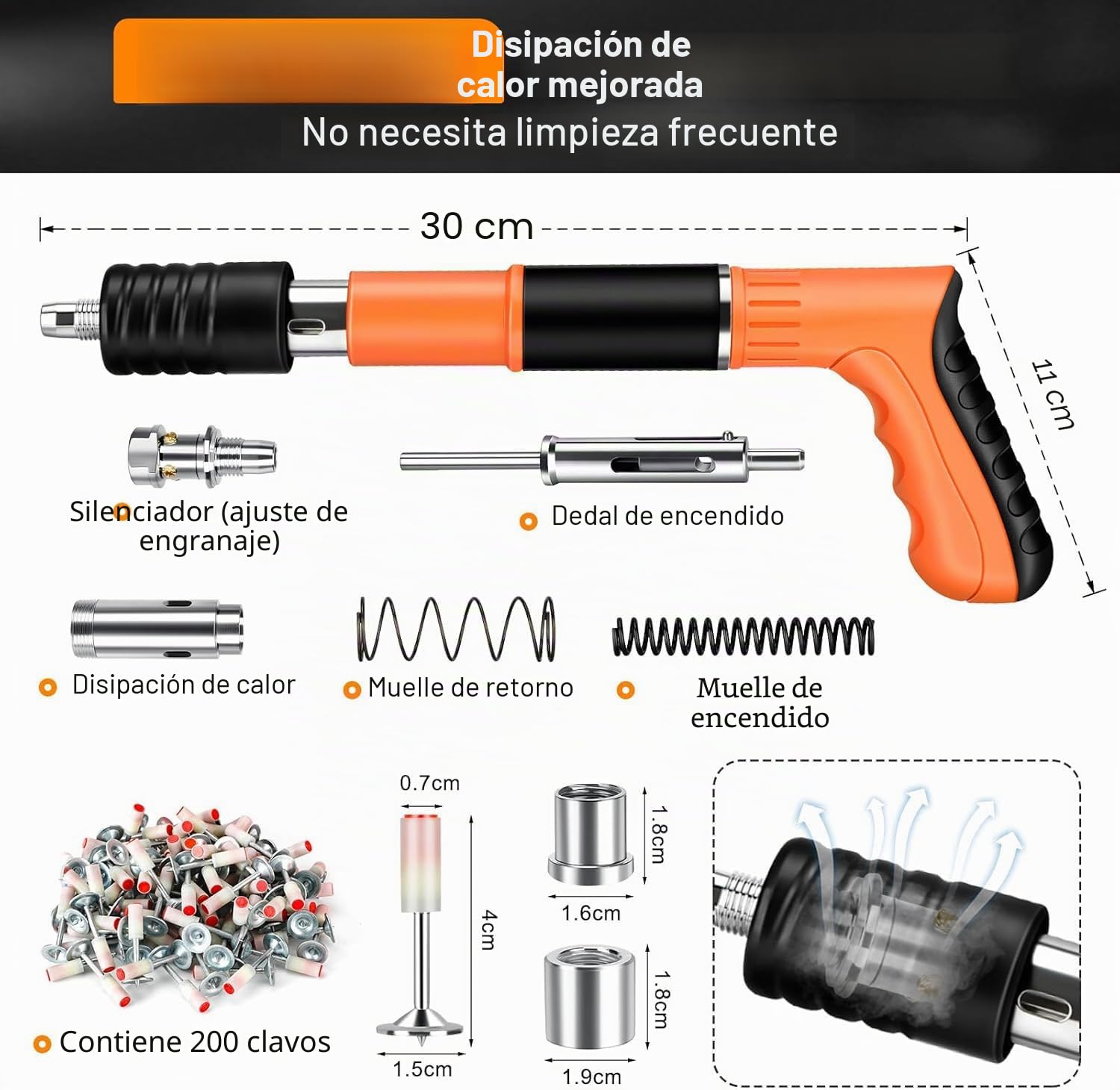 Clavadora de hormigón, clavadora de remache, pistola de clavos portátil con 200 clavos redondos, pistola manual con 5 niveles ajustables, para paredes de hormigón (Naranja)