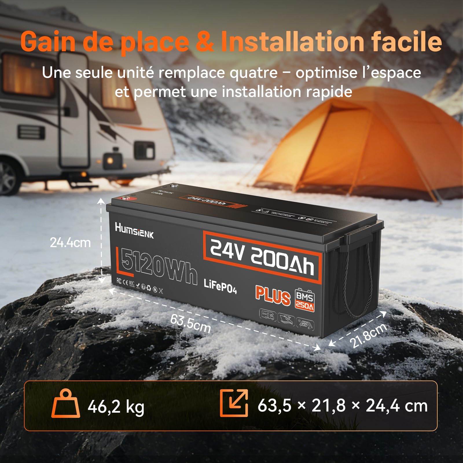 Humsienk Batterie Lithium LiFePO4 24V 200Ah Plus avec BMS intégré 250A et Protection Basses Températures, Batterie Lithium à Décharge Lente pour Camping Car, Panneau Solaire, Bateaux Bass, Hors-Réseau