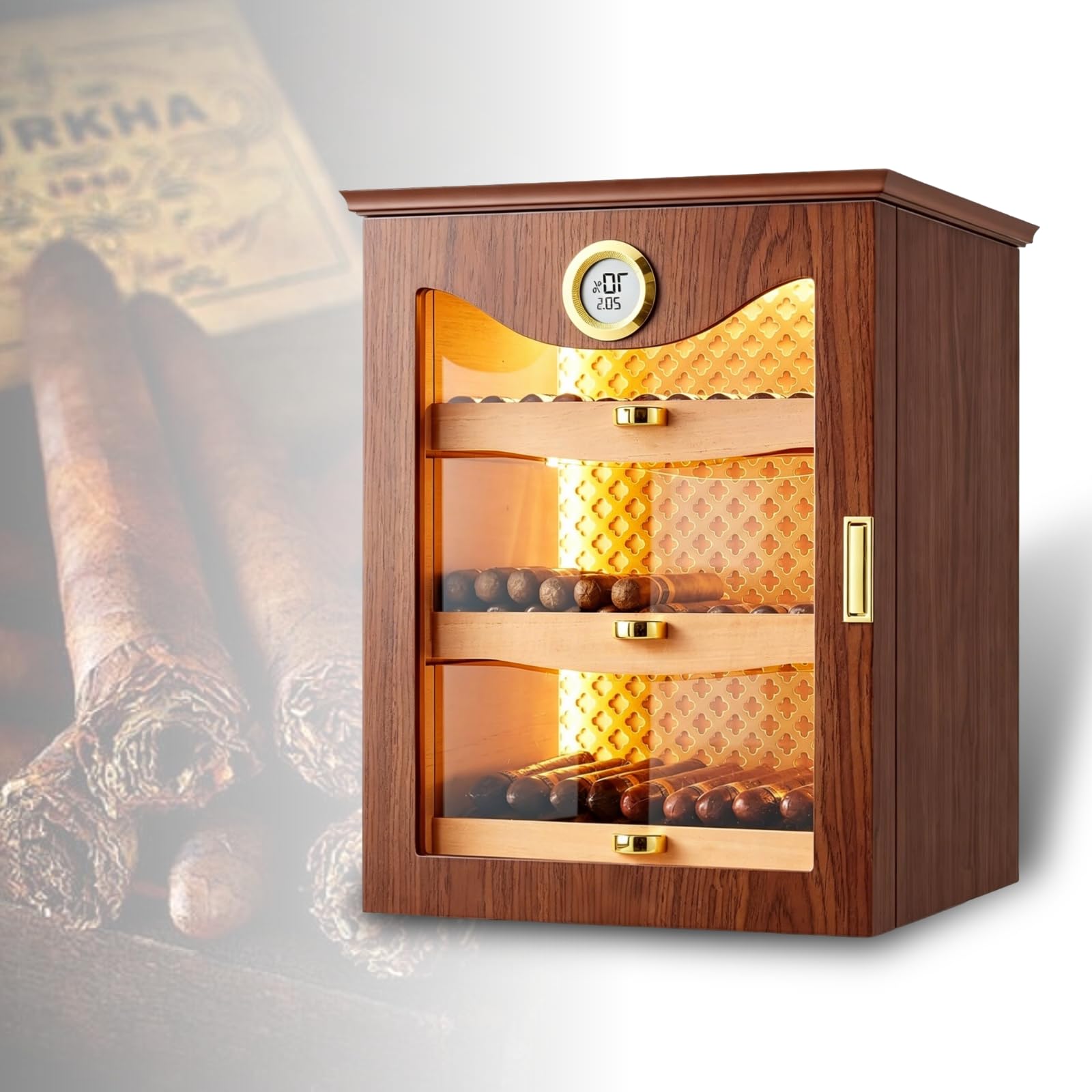 ZHENYUWANG Cigar Humidor, Cigar Cabinet, Made Of Natural Cedar Wood, Built-In Humidifier And Hygrometer, Holds 130 Cigars. This Humidor Is Suitable For Use On A Study Or Office Desk Walnutcolor