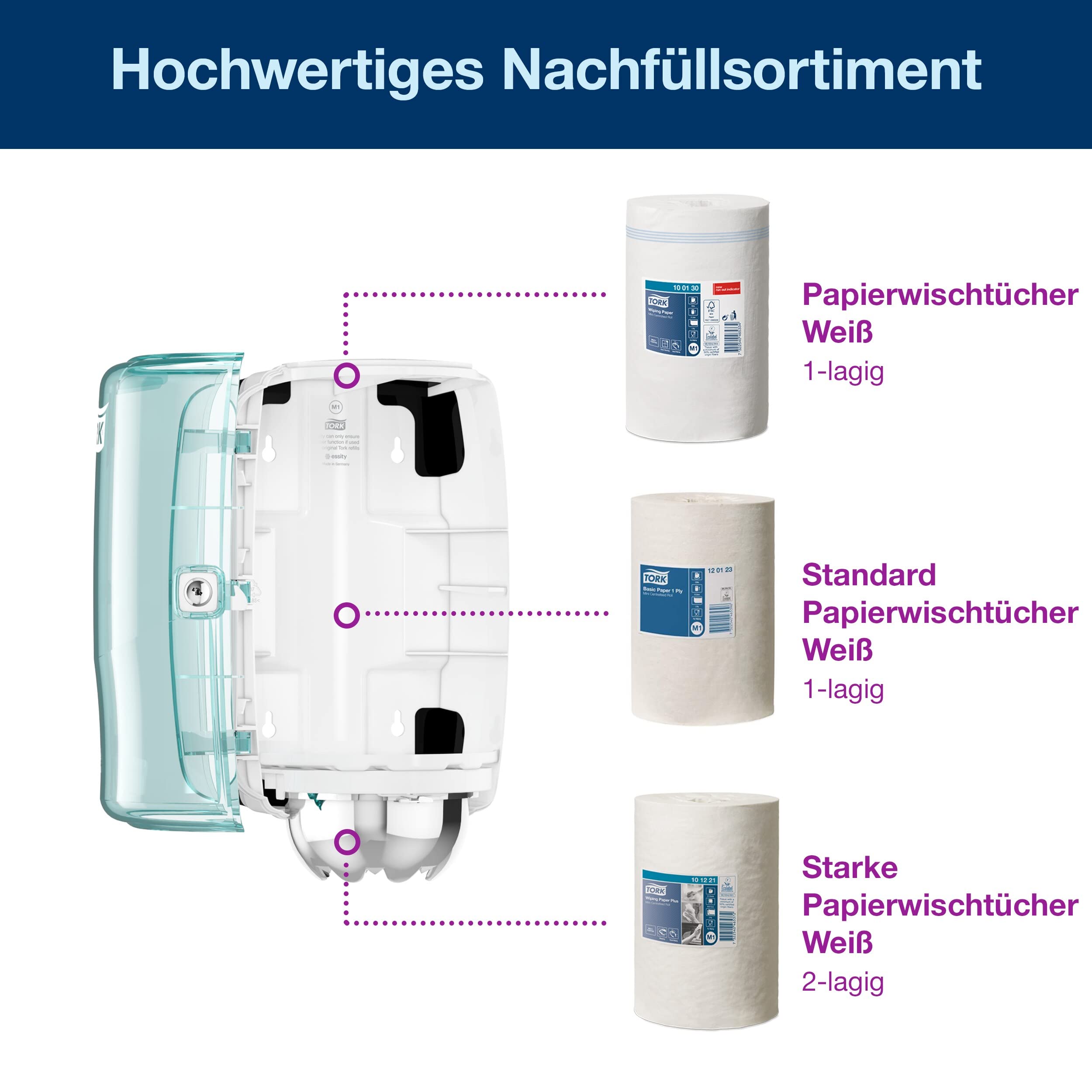 Tork 658000 Mini Innenabrollungsspender für M1 Papierwischtücher & 120123 Standard Papierwischtücher für M1 Mini Spender mit Innenabrollung - Weiß, 1-lagig & ungeprägt - 11 Rollen x 120 Meter(21,5 cm)