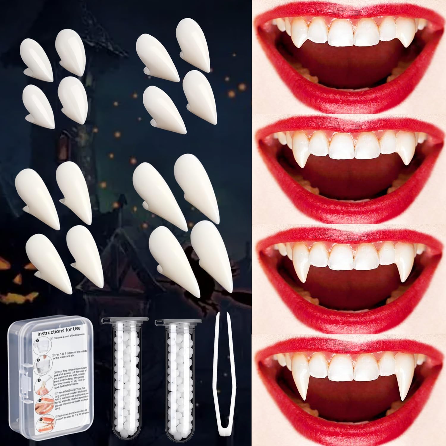 VOVEA Vampire Teeth Fangs 8 Pairs, 4 Sizes Realistic Vampire Fangs Halloween Vampire Accessories Fake Teeth with Adhesive, Vampire Costume Cosplay Fangs Teeth for Halloween Party Favors Makeup
