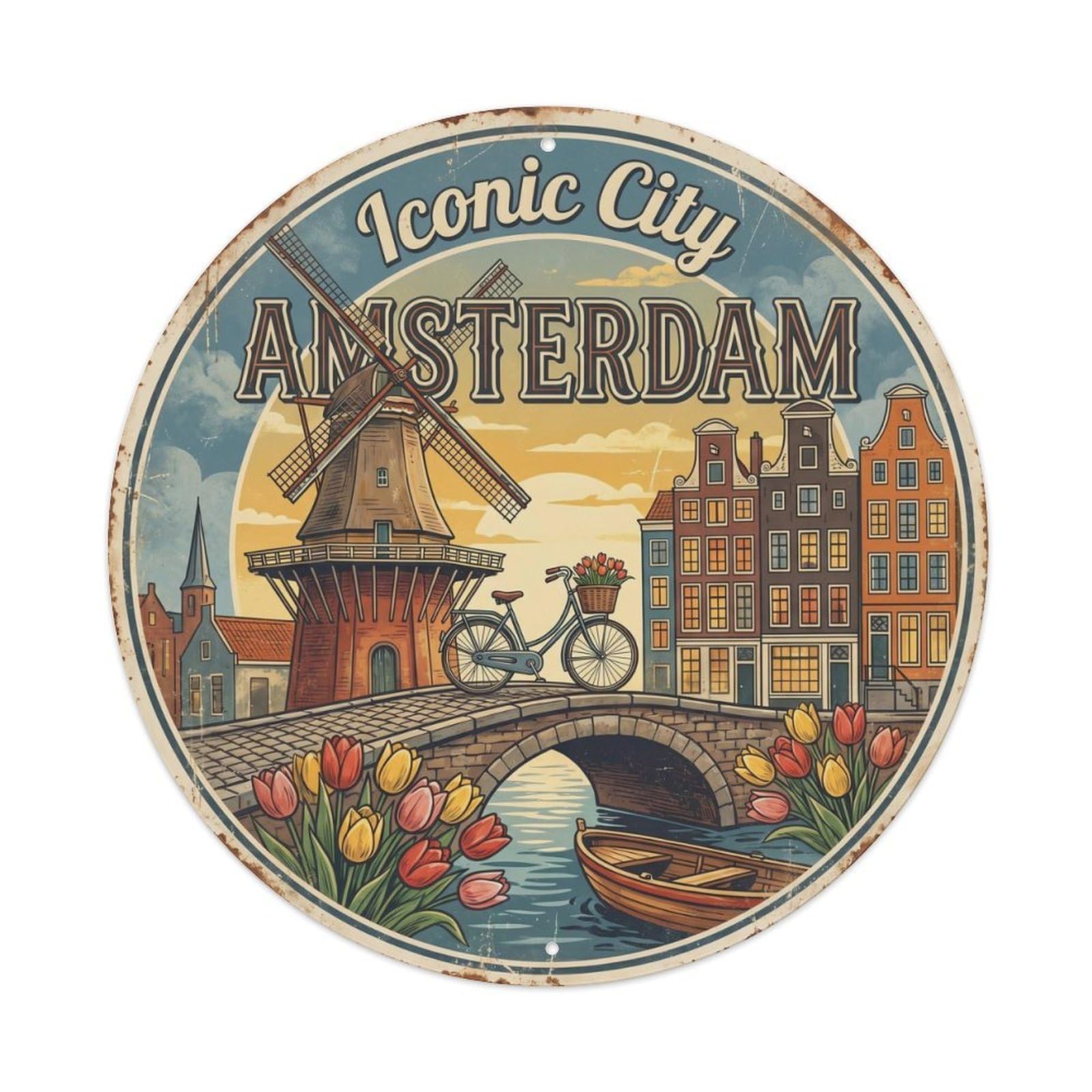 Vintage Travel Amsterdam Iconic Landmarks Metal Tin Sign Plaque