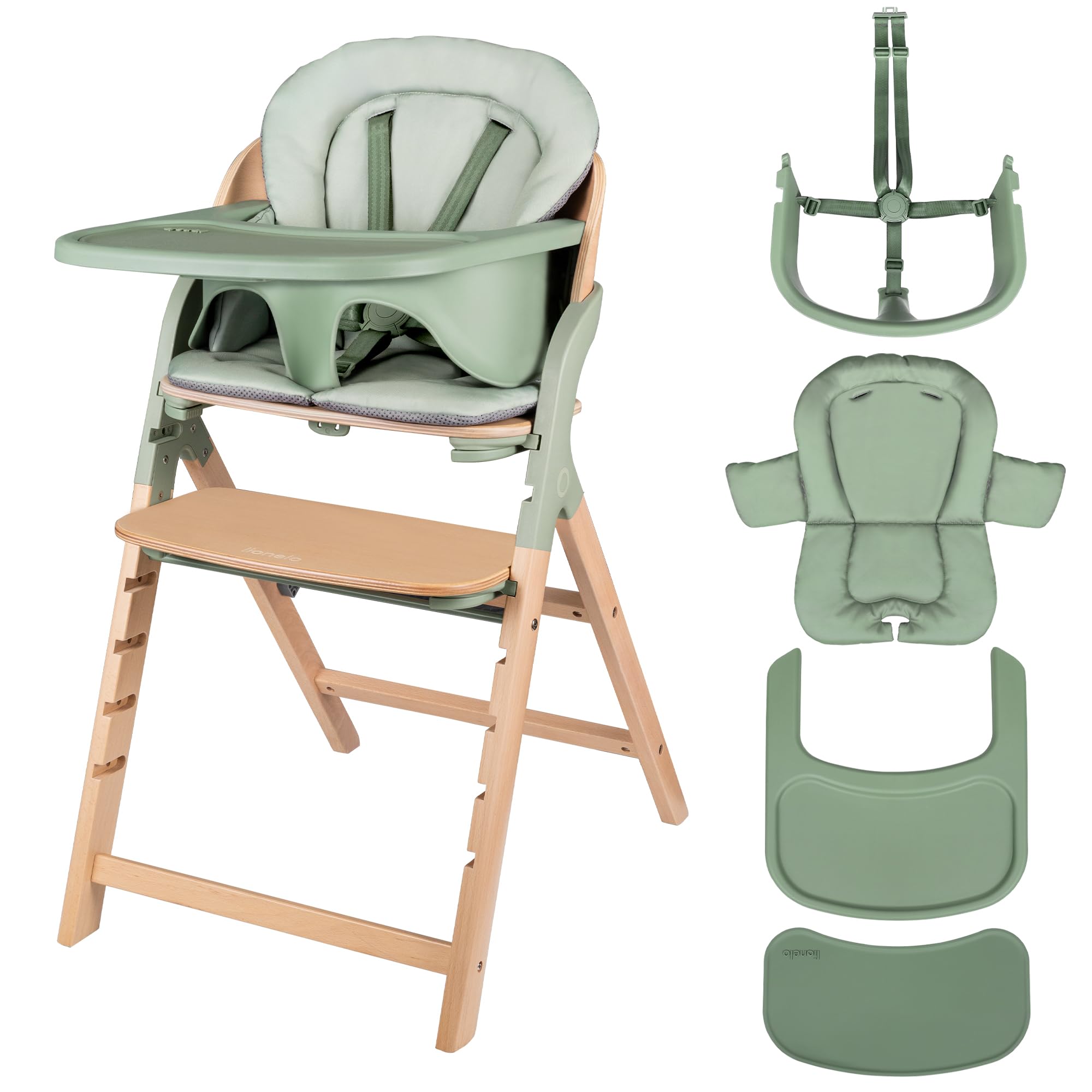 LIONELO Megan – Trona evolutiva de madera para bebé, crece con el niño desde 6 meses hasta 110 kg, reposapiés regulable, arnés 5 puntos, cojín lavable, fácil de limpiar
