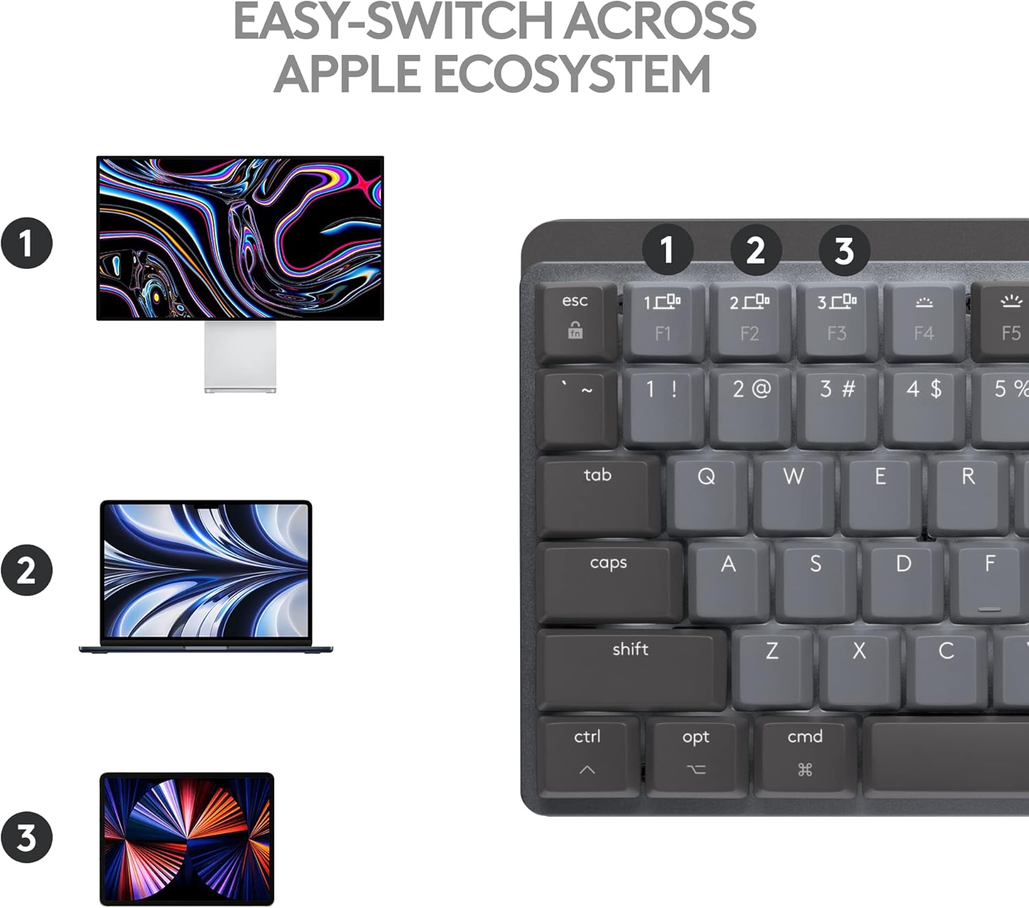 Logitech MX Mechanical Mini for Mac Wireless Illuminated Keyboard, Low-Profile Performance Switches, Tactile Quiet Keys, Backlit, Bluetooth, USB-C, Apple, iPad - Space Grey - Image 9