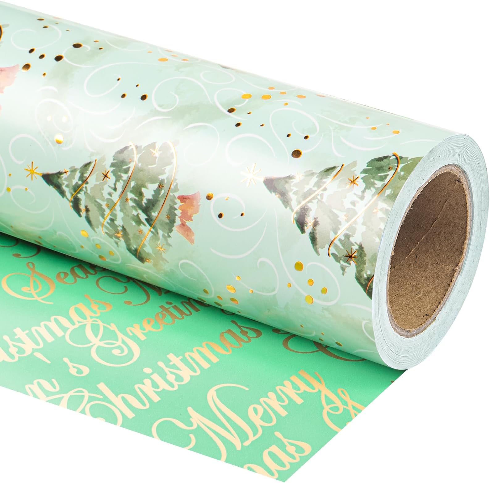 WRAPAHOLIC Reversible Green Christmas Wrapping Paper - Mini Roll - 17 Inch x 33 Feet - Watercolor Green Christmas Tree Wrapping Paper with Metallic Foil Shine for Holiday, Party, Celebration