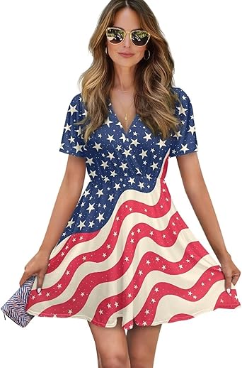 Summer Casual A-line Mini Dress for Womens Short Sleeve V-Neck Short Dresses Drawstring Elastic Waist Sundress