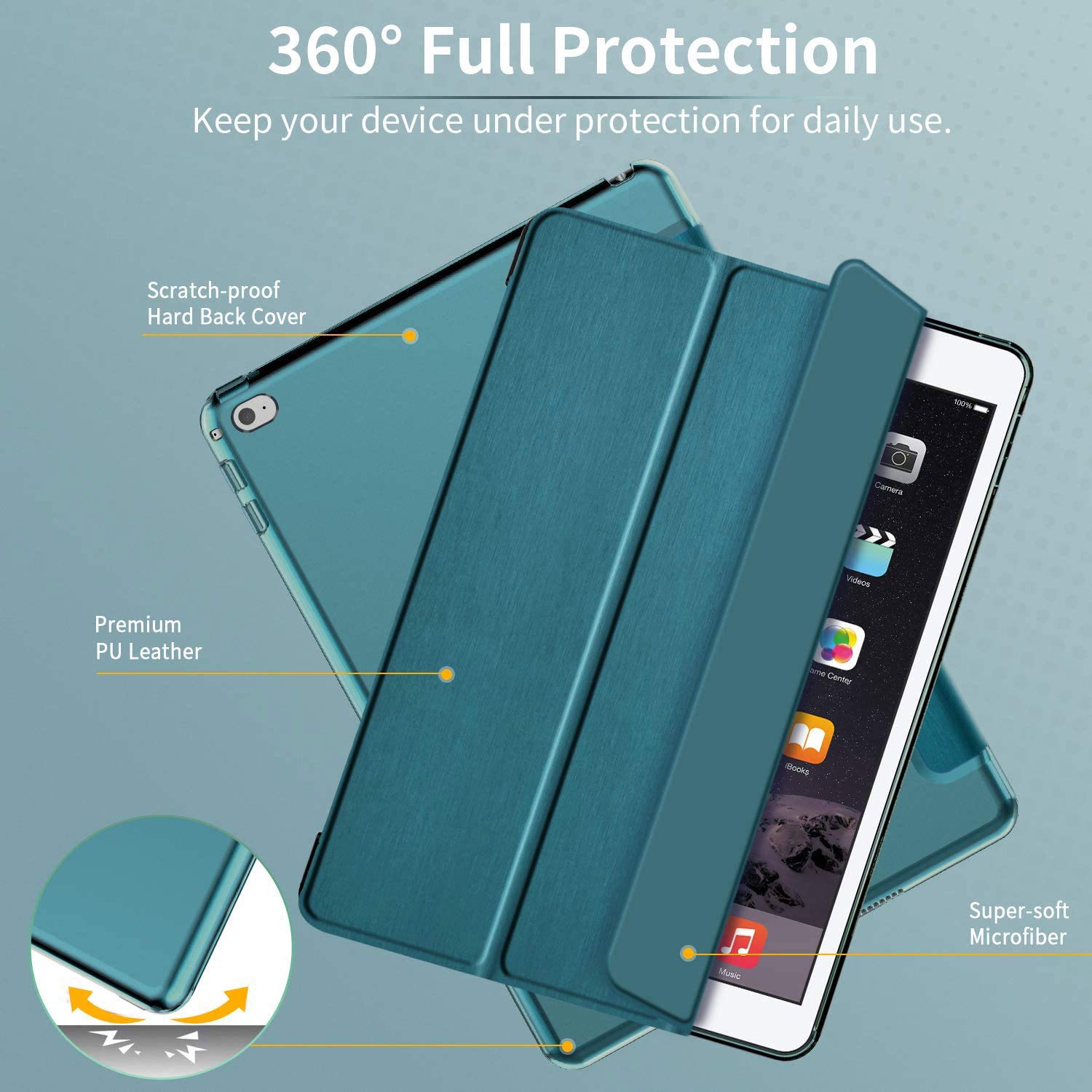 EasyAcc Custodia in Pelle PU per iPad Air 2 A1566 A1567, Cover Ultra Sottile con Auto Svegliati/Sonno Blu Pavone