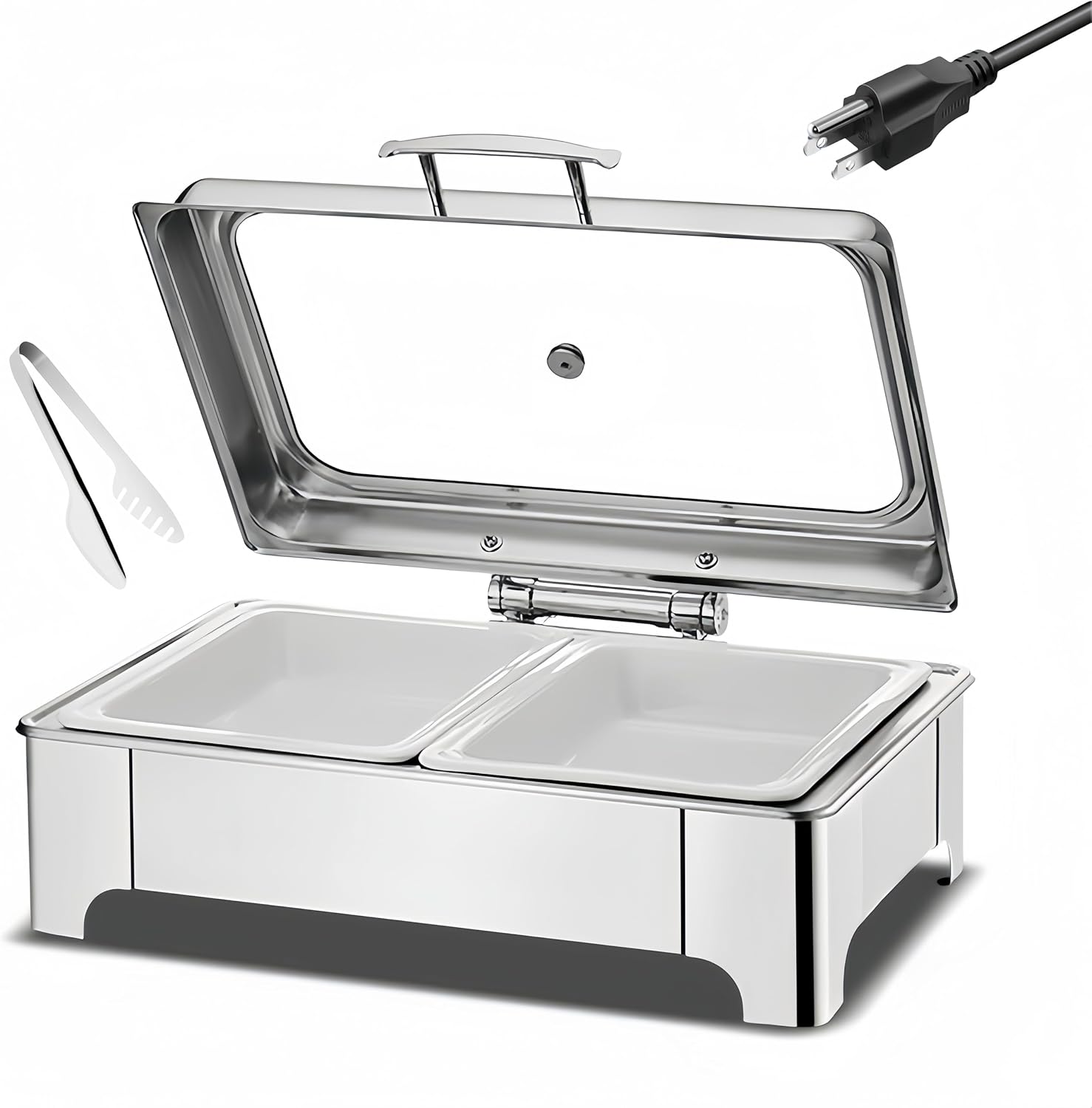 400W Electric Chafing Dish, 2 x 4.5QT Half Size Electric Chafing Dish Buffet Set, Buffet Catering Food Servers and Warmers with Adjustable Temperature Roll Top Glass Lid Food Tong