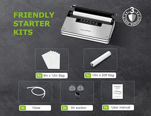 Miniatura 7 de Bonsenkitchen Máquina selladora al vacío, sellador de alimentos de acero inoxidable con 1 rollo y 5 bolsas, 5 modos de vacío de alimentos, cortador