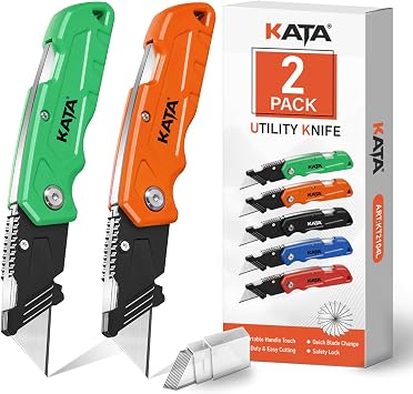 KATA Folding Utility Knife Set, 2 Pack Box Cutter with Extra 10 SK5 Blades