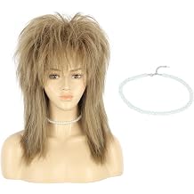 VGbeaty 70s 80s Bora Wig Women Shoulder Long Straight Light Brown Wig Necklace Rock Disco Cosplay Party Halloween Costume Wig