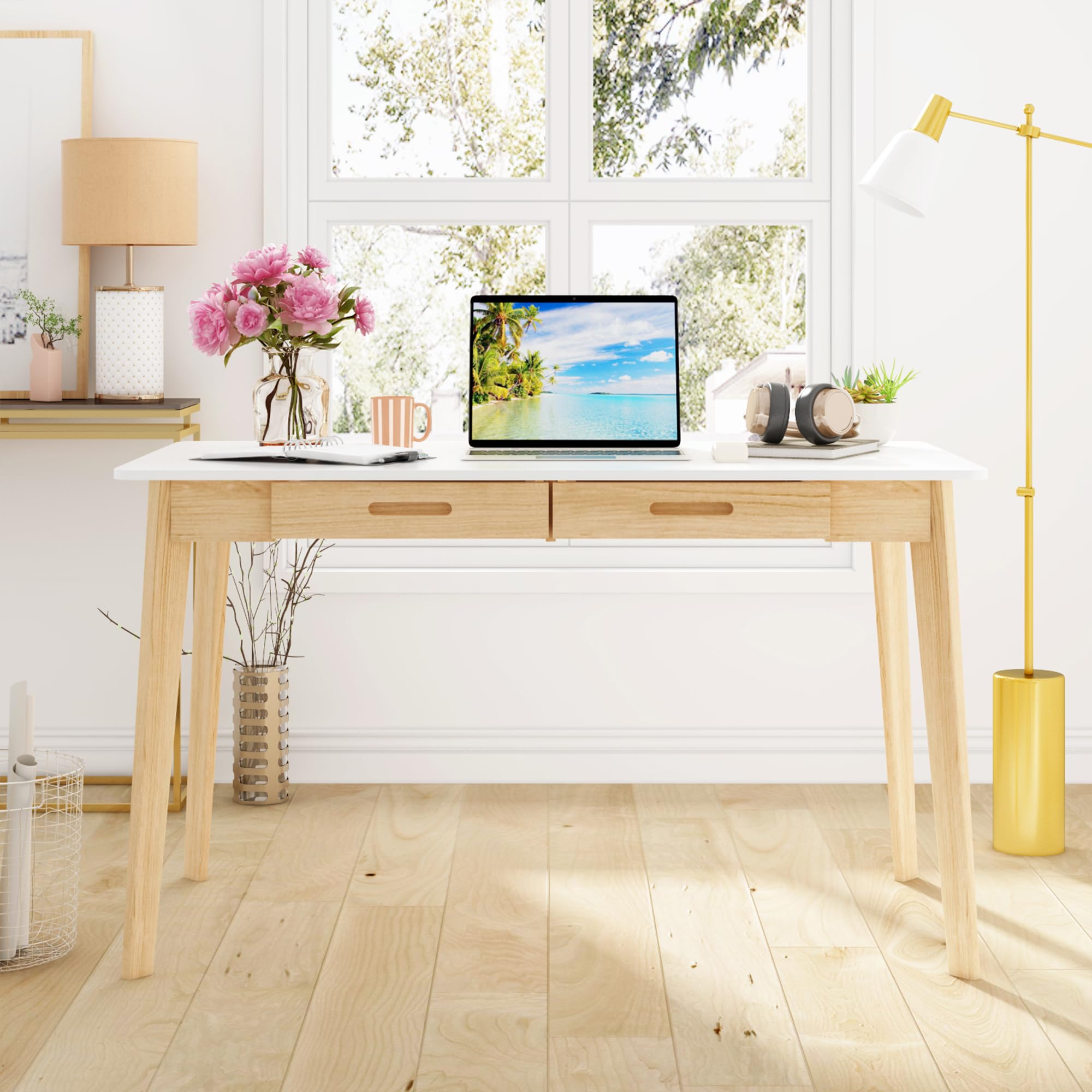 AGOTENI Home Office Computer Desk Coner Desk with 2 Drawers, Study Writing Table for Home Office, Study, White & Natural (47.2 ”W x 23.6”D x 29.1”H)