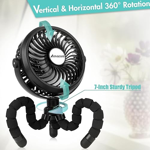 Miniatura 3 de Ventilador portátil apto para bebés ventilador multifuncional para cochecito, 360 grados en ángulo con 3 velocidades, alimentado por USB o batería,
