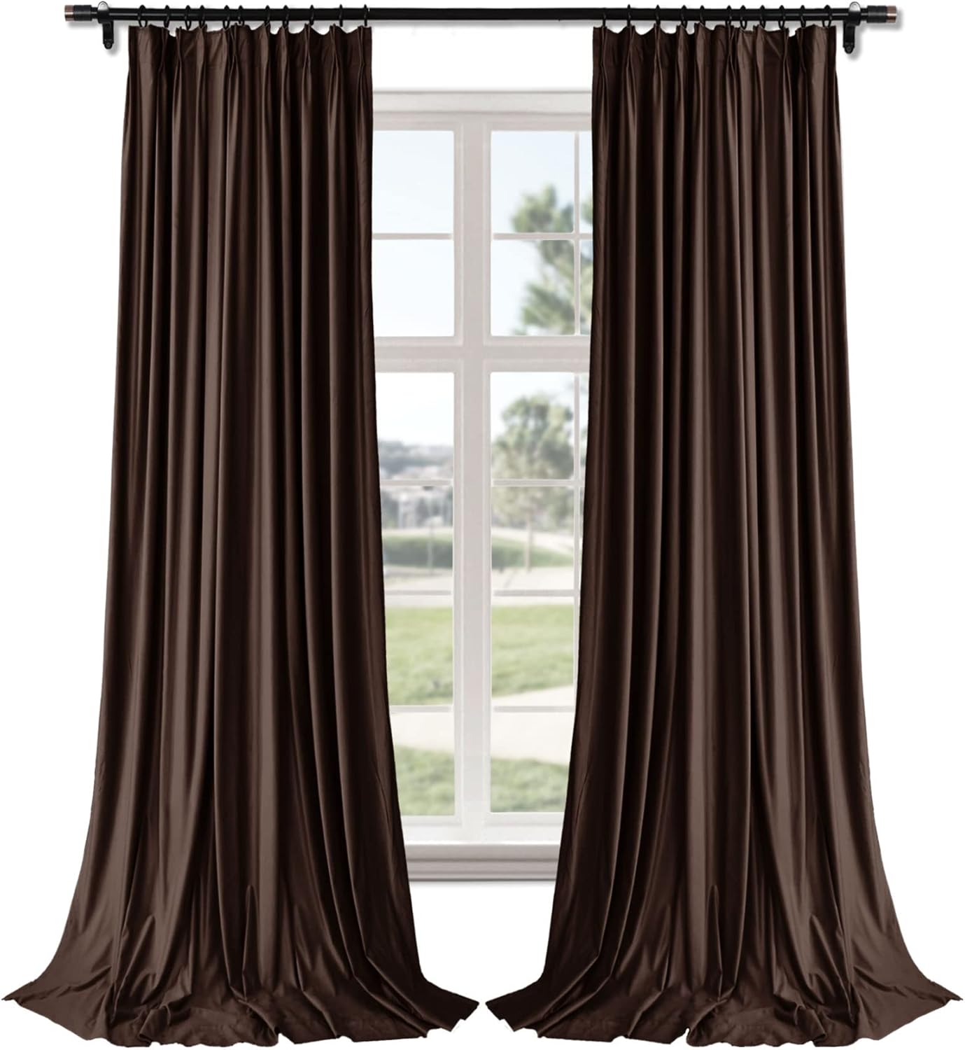 Macochico Extra Wide Pinch Pleat Curtain, 150 Inches Wide by 96 inch Lenght with White Liner, Velvet Blackout Curtains for Living Room Bedroom, Chocolate, 150W x 96L, 1 Panel