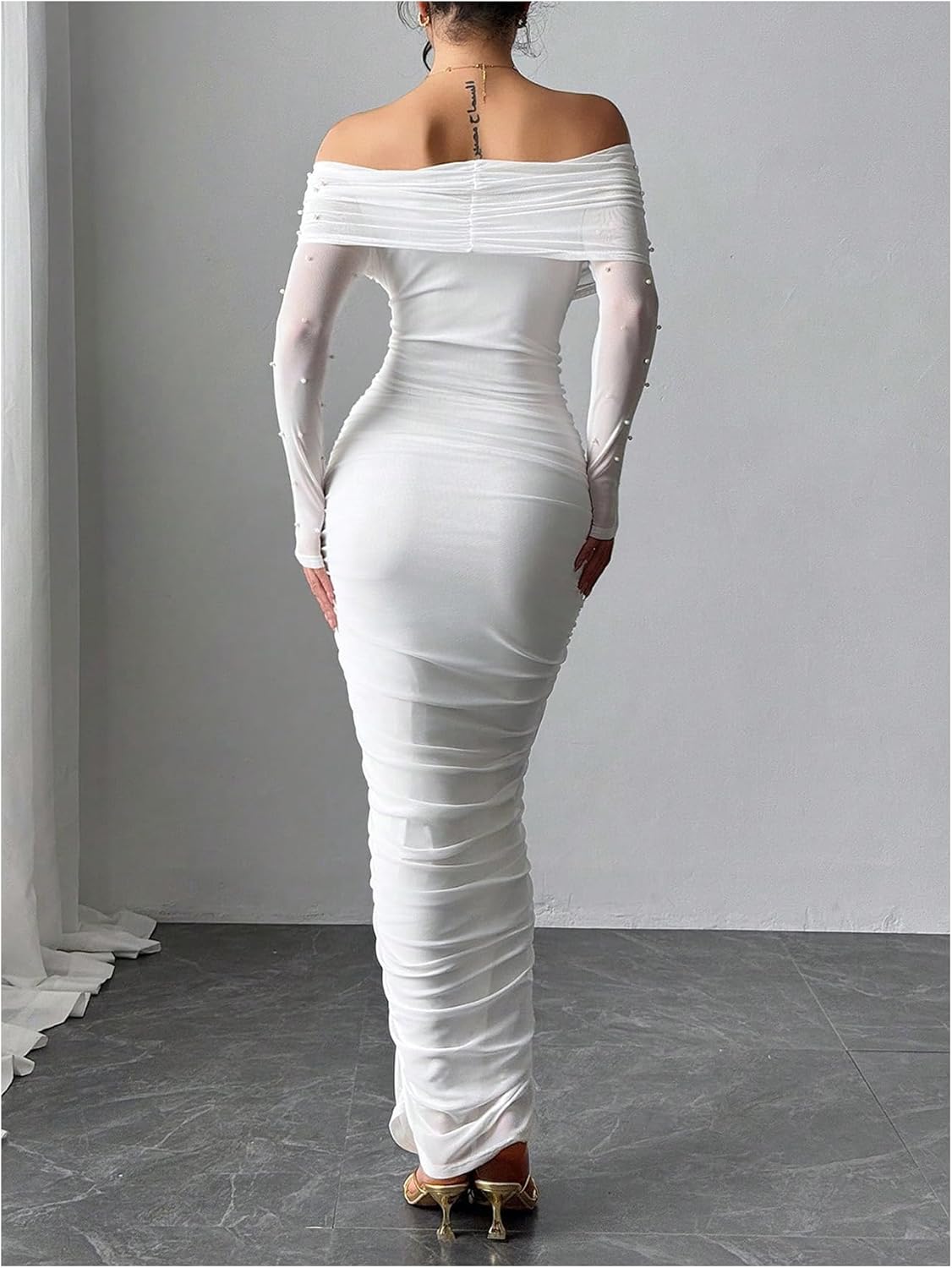 Floerns Women's Pearl Beaded Off The Shoulder Dress Ruched Bodycon Maxi Prom Dresses - Image 3