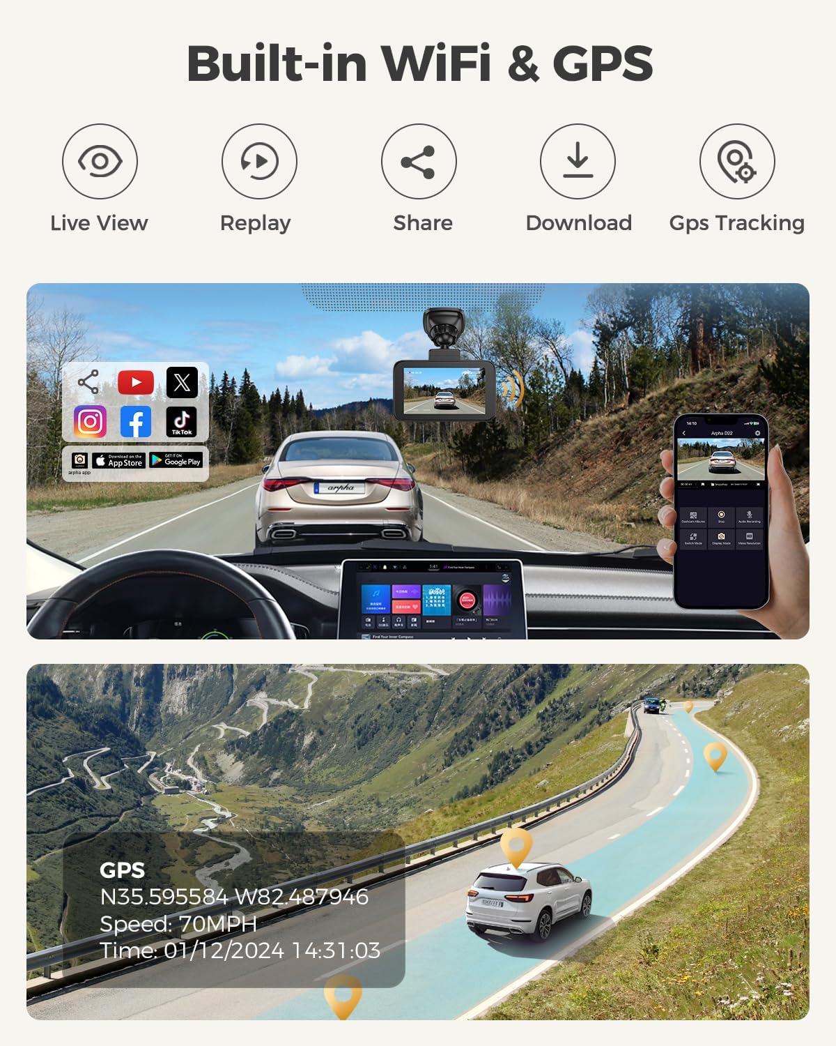 ARPHA D25 Dash Cam with smart voice control features, showing commands like 'Lock the video,' 'Take picture,' 'Turn off WiFi,' and 'Open recording'.
