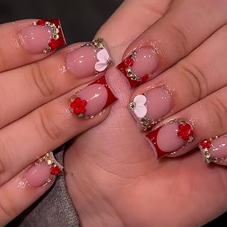 Red French Press on Nails Red Flower Acrylic Nails Reusable Rhinestones Fake Nails Short Square False Nails Full Cover Stick on Nails for Women Art DIY Manicure in 24 Pcs