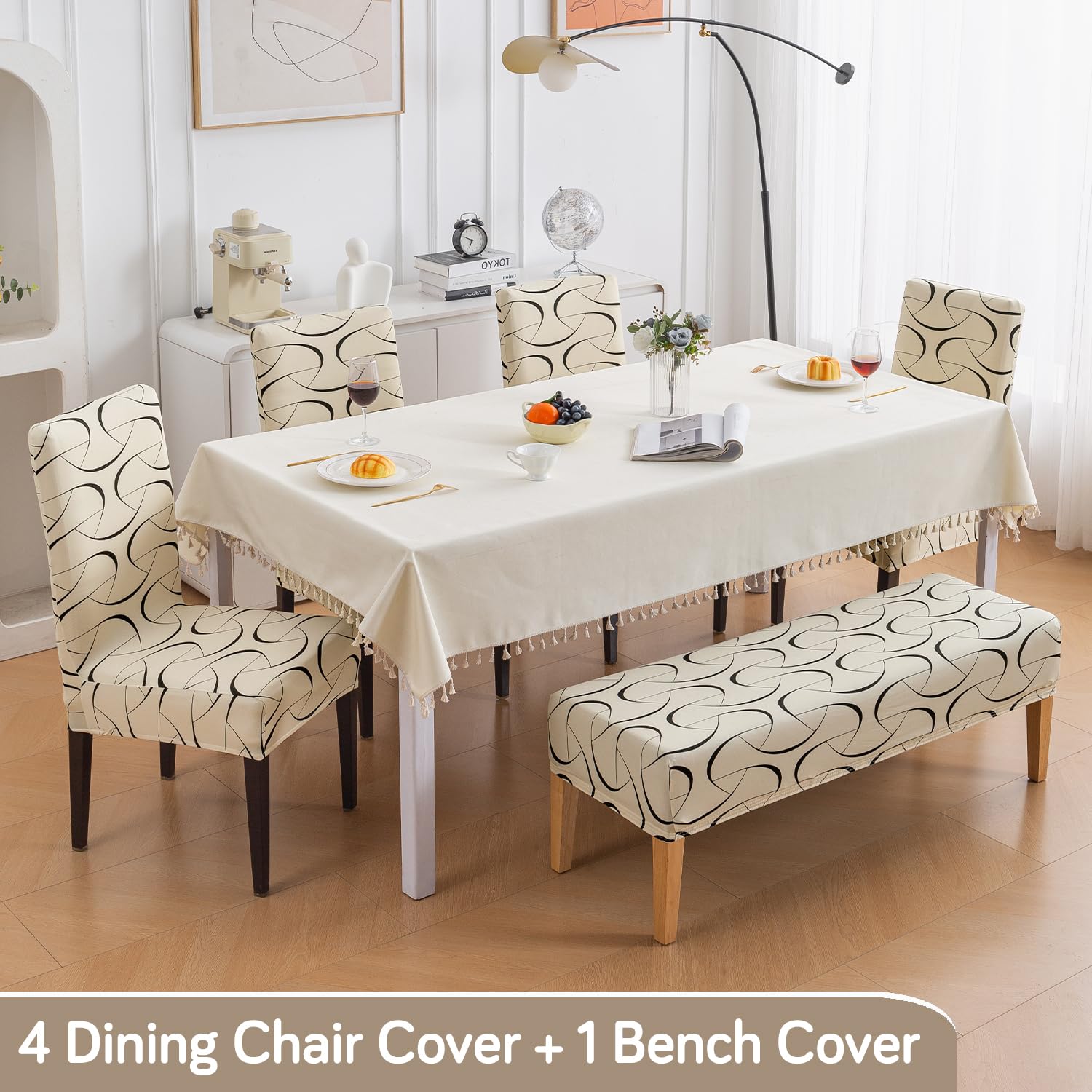 HOKIPO Dining Chair Covers - Beige Abstract Art -6