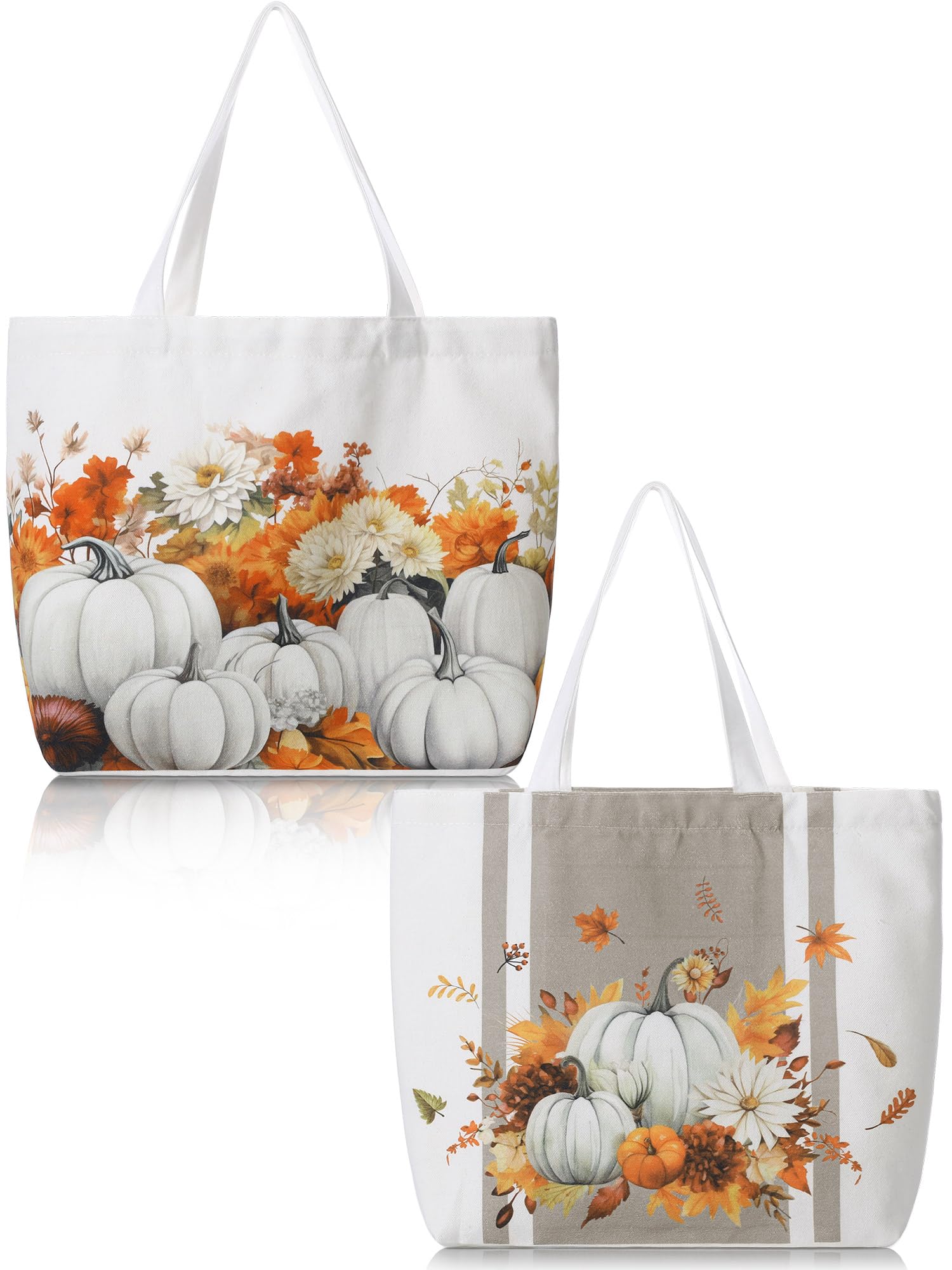 Bencailor 2 Pcs Thanksgiving Canvas Tote Bag Fall Pumpkin Maple Leaf Tote Pouch Cute Aesthetic Reusable Grocery Bag for Women