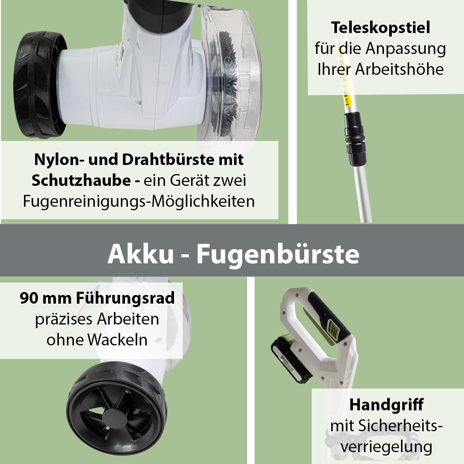 TRUTZHOLM Akku Fugenreiniger 20V inkl. 2x Akku 2.0Ah wechselbare Fugenbürsten Teleskopstiel