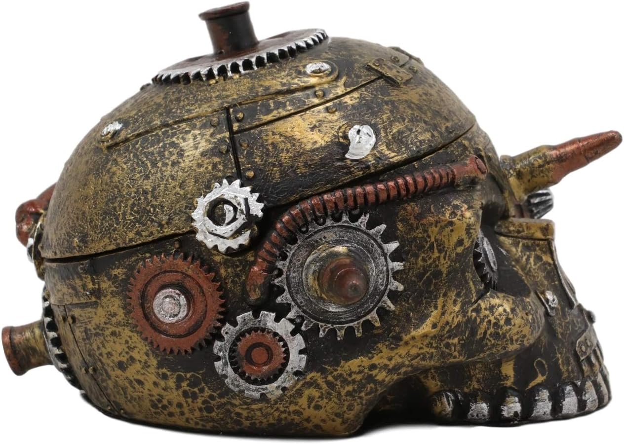 Ebros Gift Steampunk Cyborg Robotic Bullet Barricade Skull Small Decorative Box Figurine Jewelry Skull Container Trinket Storage Compartment Statue