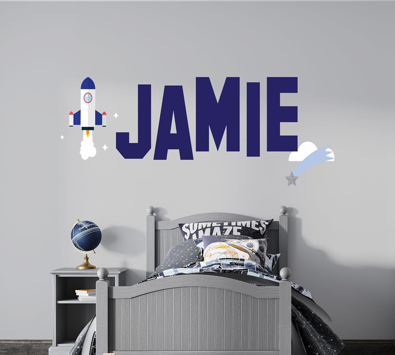 Spaceship Custom Name Wall Decal - Personalized Rocket Wall Decal - Space Rocket Sticker - Space Rocket Wall Decal for Nursery Bedroom playroom Decoration (Wide 30" x11 Height)