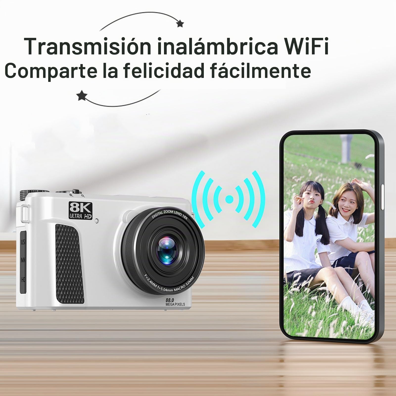 Goshyda Cámara Digital de 8k, Cámara UHD de 88MP con Control WiFi, Cámara de Zoom de 18x para Vlogging con Pantalla de Flip de 3 Pulgadas de 180 °, Enfoque Automático para Video de (White)