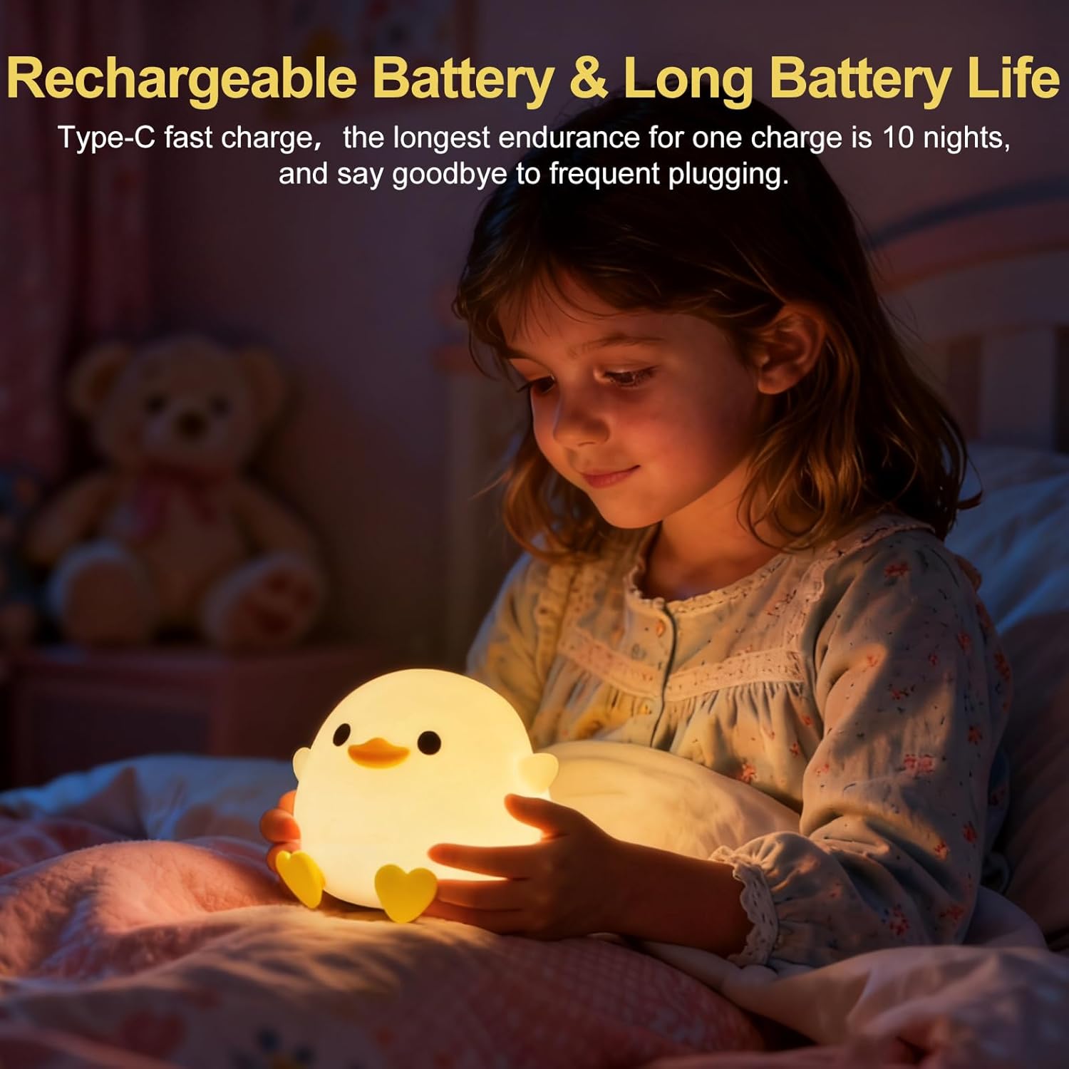 Cute Bean Duck Night Light,Squishy Bean Shape DoDo Duck Lamp, Bean Duck Night Light,Safe Silicone Nightlight for Nursery, Rechargeable Touch Lamp for Bedside Table,Ideal Gift for Children and Teens