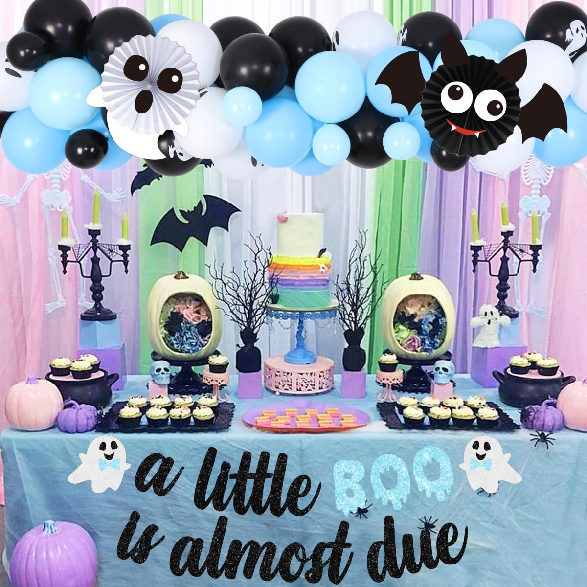 Halloween Baby Shower Party Decorations for Boys Blue A Little Boo is Almost Due Banner Garland Ghost and Bat Balloon for Halloween Pumpkin Baby Shower Pregnancy Celebration Gender Reveal