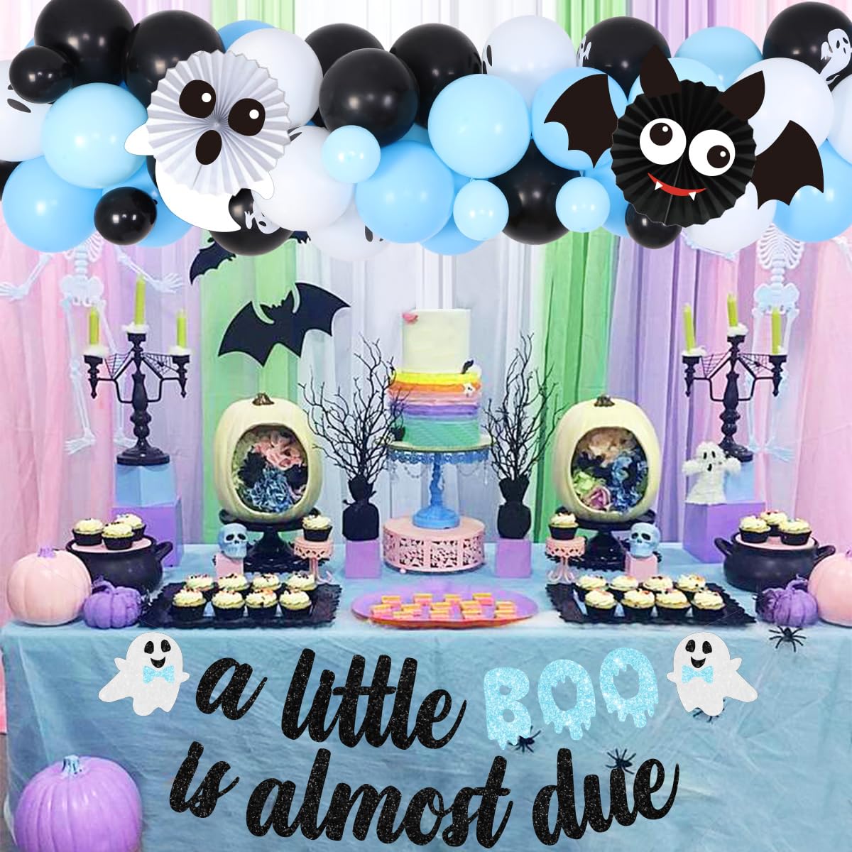Little Boo Baby Shower Backdrop - 'A Little Boo Is Almost Due' Blue Ghost Theme Banner 70.8x43.3 Inch Halloween Baby Shower Backdrop