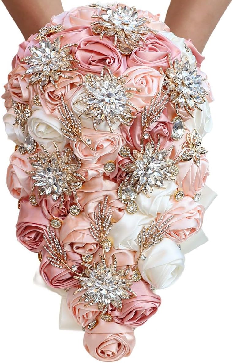Artificial Wedding Bridal Bouquet Silk Rose Holding Toss Bouquets with Rhinestone Waterfall Flowers Bunch for Decorations (Pink Rose)