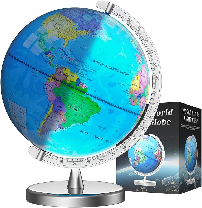 Globo terráqueo iluminado de 12 pulgadas para niños y adultos con base de metal | Lámpara de globo con mapa mundial para niños, base de metal pesado estable, regalo de aprendizaje STEM interactivo y luz nocturna