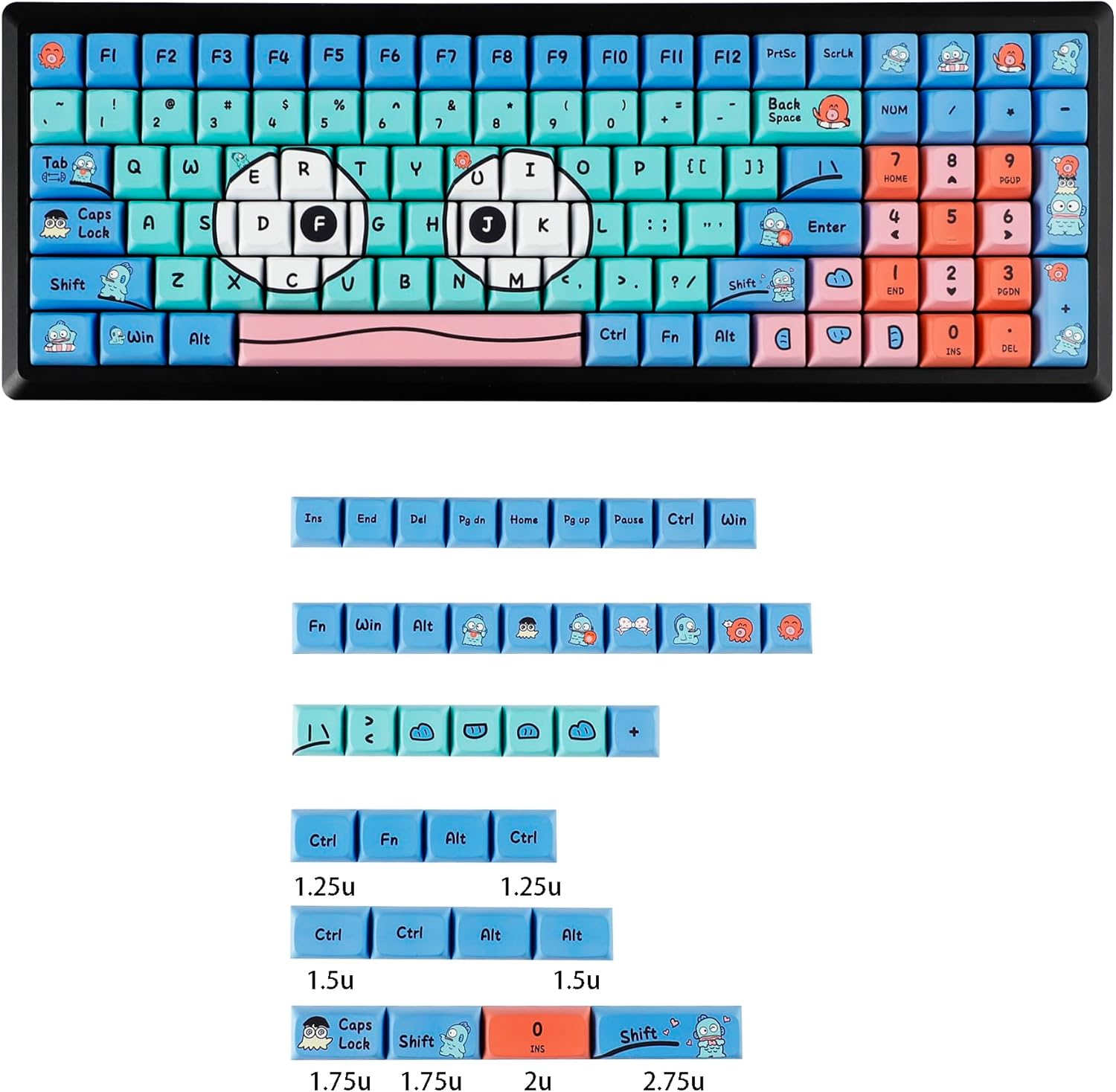 YMDK Ugly Fish Keycaps Full Set 138 Keys Cute Funny Keycap Thick PBT XDA Profile Dye Sub Custom Key Caps for MX Mechanical Keyboard