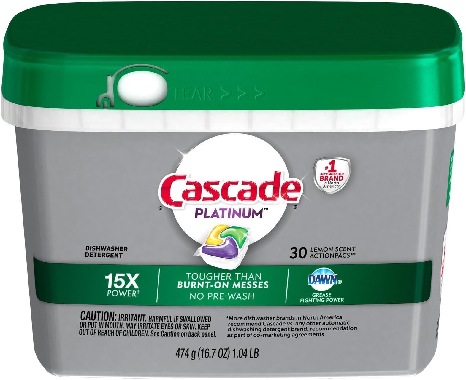 CascadePlatinum Actionpacs Dishwasher Detergent, Lemon Scent, 30 Count