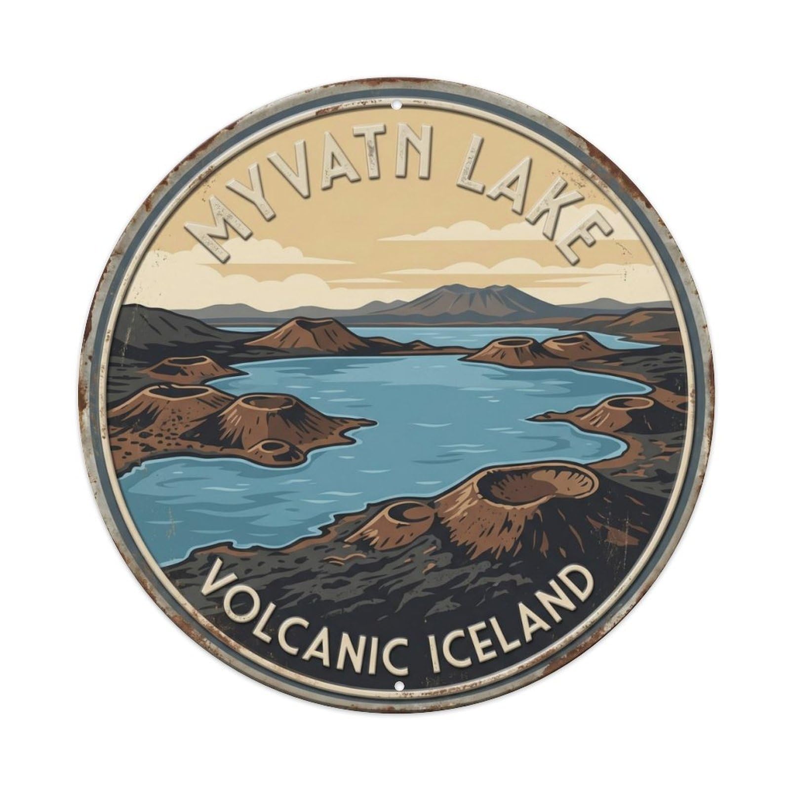 Myvatn Lake Volcanic Iceland Crater Metal Tin Sign Plaque Wall Decor for Cafe, Club Bar, Office, Home Garden Round Metal Poster 8x8Inch