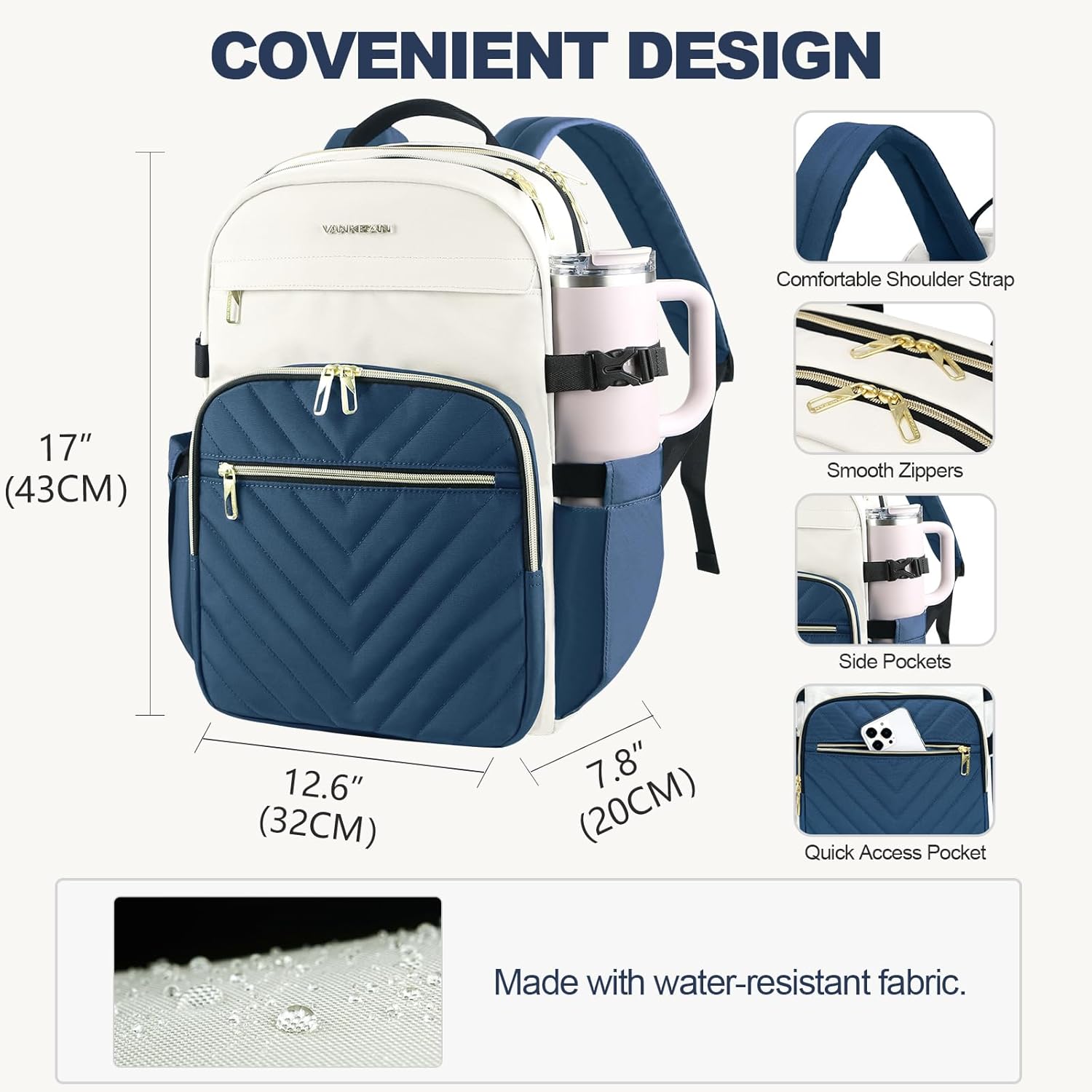 VANKEAN Laptop Backpack for Women with Pouch Pocket for Large Capacity Tumbler, 15.6 Inch Laptop Computer Bag Travel Backpack Purse,Waterproof Work Business College Teacher Bags, Beige-Haze blue