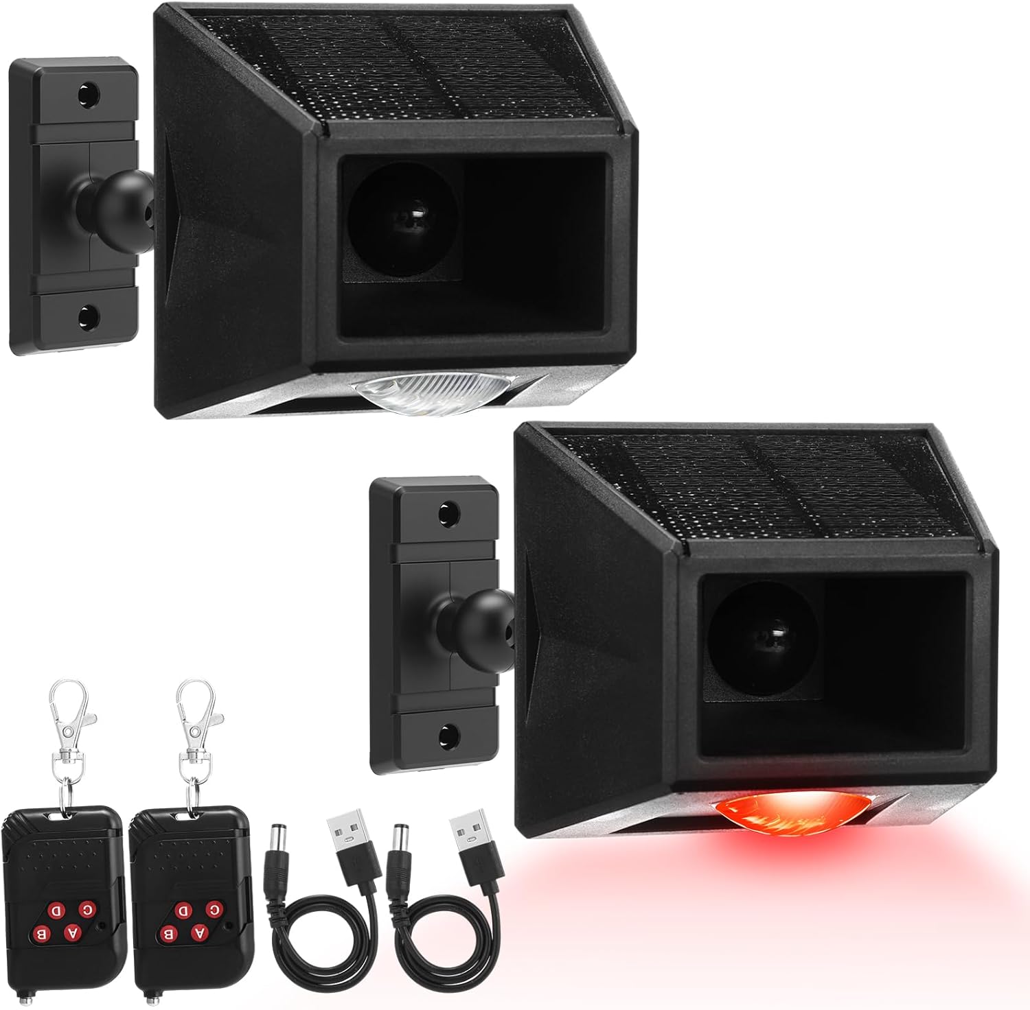 Qualirey 2 Pack Solar Motion Sensor Alarm Outdoor Wireless Security Alert System Freely Rotatable Solar Animal Repeller with Remote Control, 4 Working Modes for Home, Driveway, Farm, Animal Deterrent