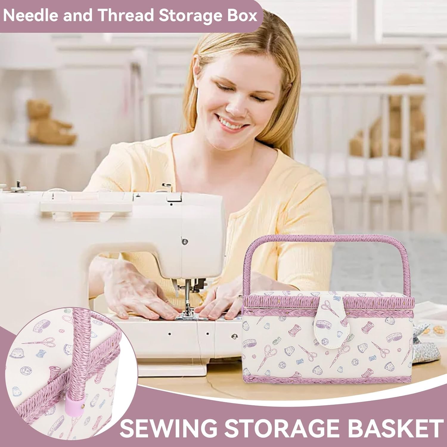 Sewing Basket, Classic Fabric Sewing Kit Storage Box, Vintage Sew Supplies Storage, DIY Crafting Accessories Large Embroidery Box with Organizer Tray Compartment, 9.6 x 7.1 x 5.1 inches