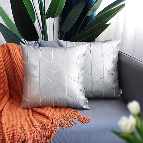 Miniatura 2 de BRAWARM Fundas de almohada de piel sintética de 18 x 18 pulgadas, fundas de almohada de cuero plateado, paquete de 2, almohadas decorativas de cuero