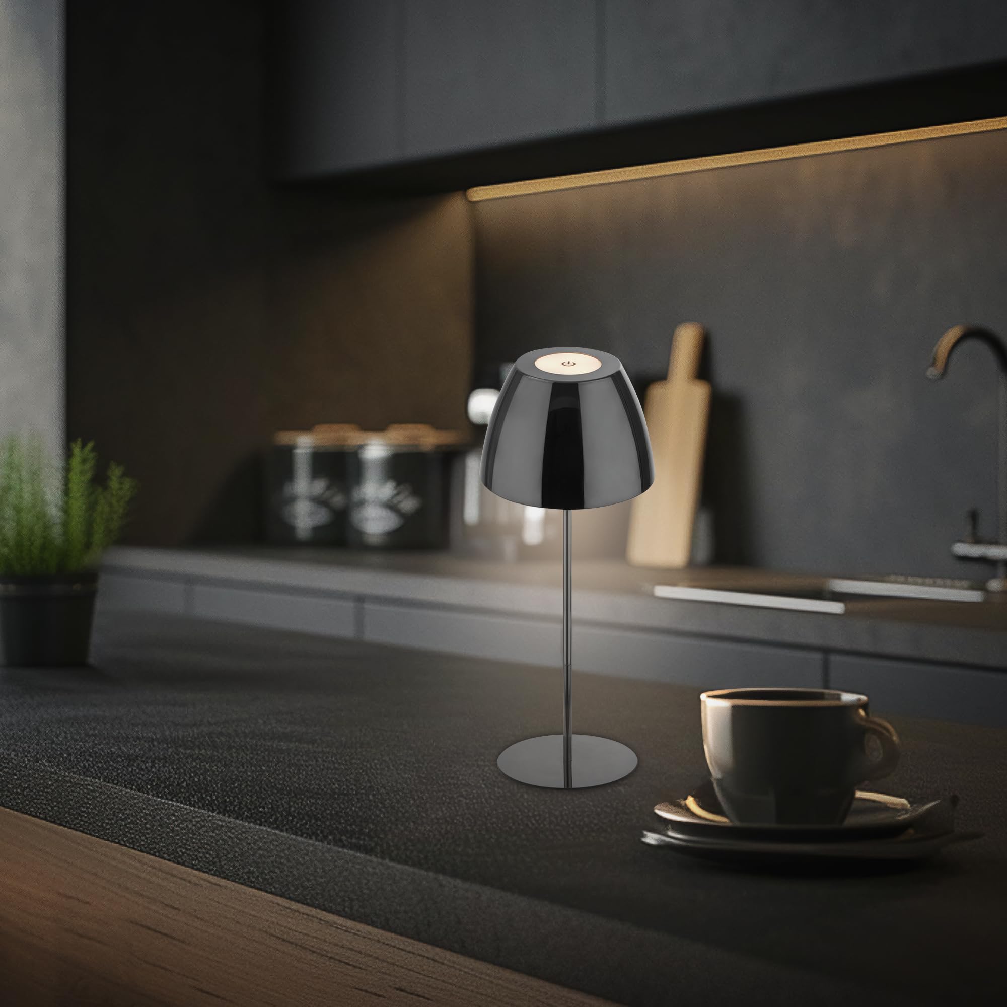 BRILONER - Lampada da tavolo LED senza fili IP44 con touch, dimmerabile, lampada da comodino, lampada ricaricabile, lampada da tavolo a batteria, da esterno, 13,5x36cm (DxH), nero-cromo
