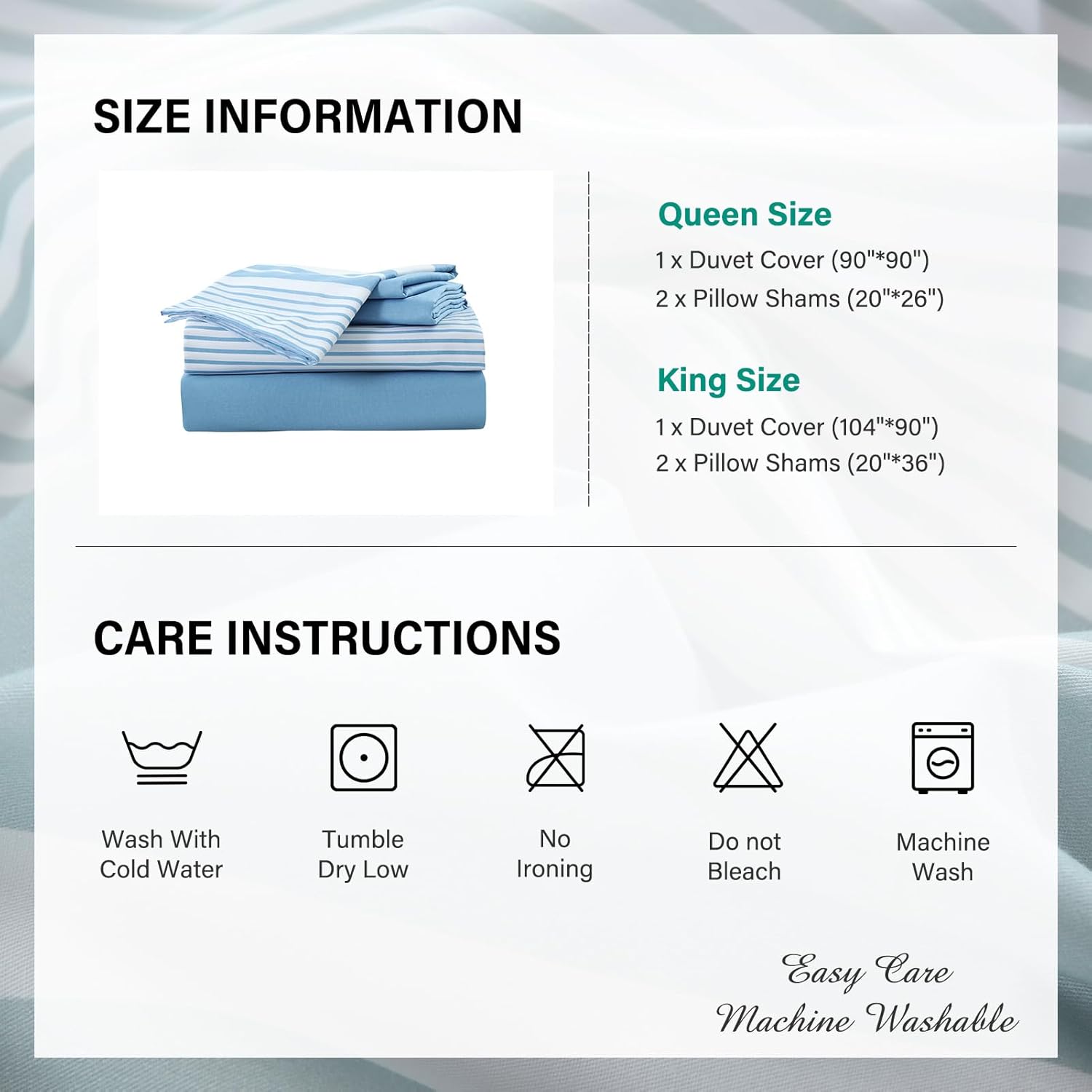 Duvet Cover King - 100% Cotton Striped Duvet Cover King Size, 3 Pieces Modern Ultra Soft Breathable Texture Bedding Duvet Covers Set for All Season (Blue, 104"x90", No Comforter)