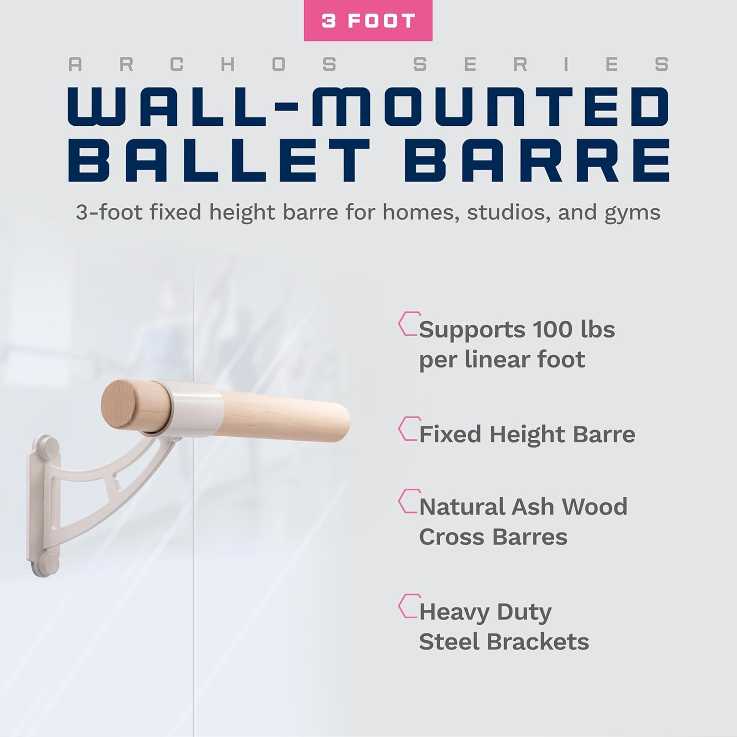 VITA Barre Wall-Mounted Single Ballet Barre, Archos, Wood | Fixed Height, Made in USA, Home, Studio or Gym Exercise Equipment for Kids & Adults | Dance, Fitness, Pilates
